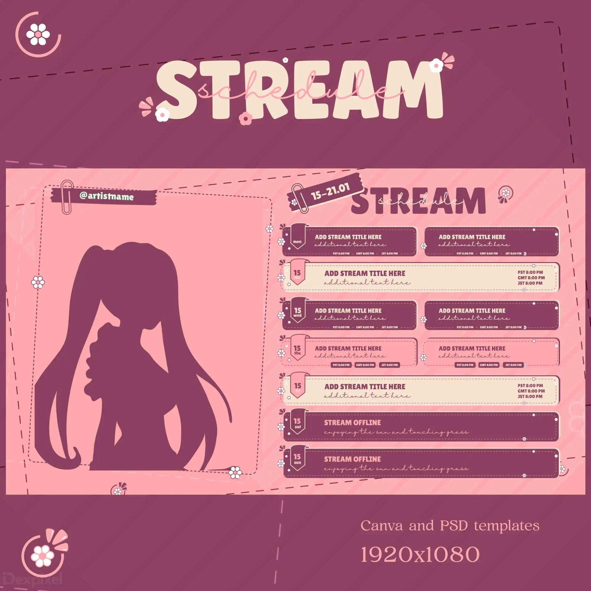 Pink-themed Twitch stream overlay panel template featuring an anime-style silhouette and schedule sections.