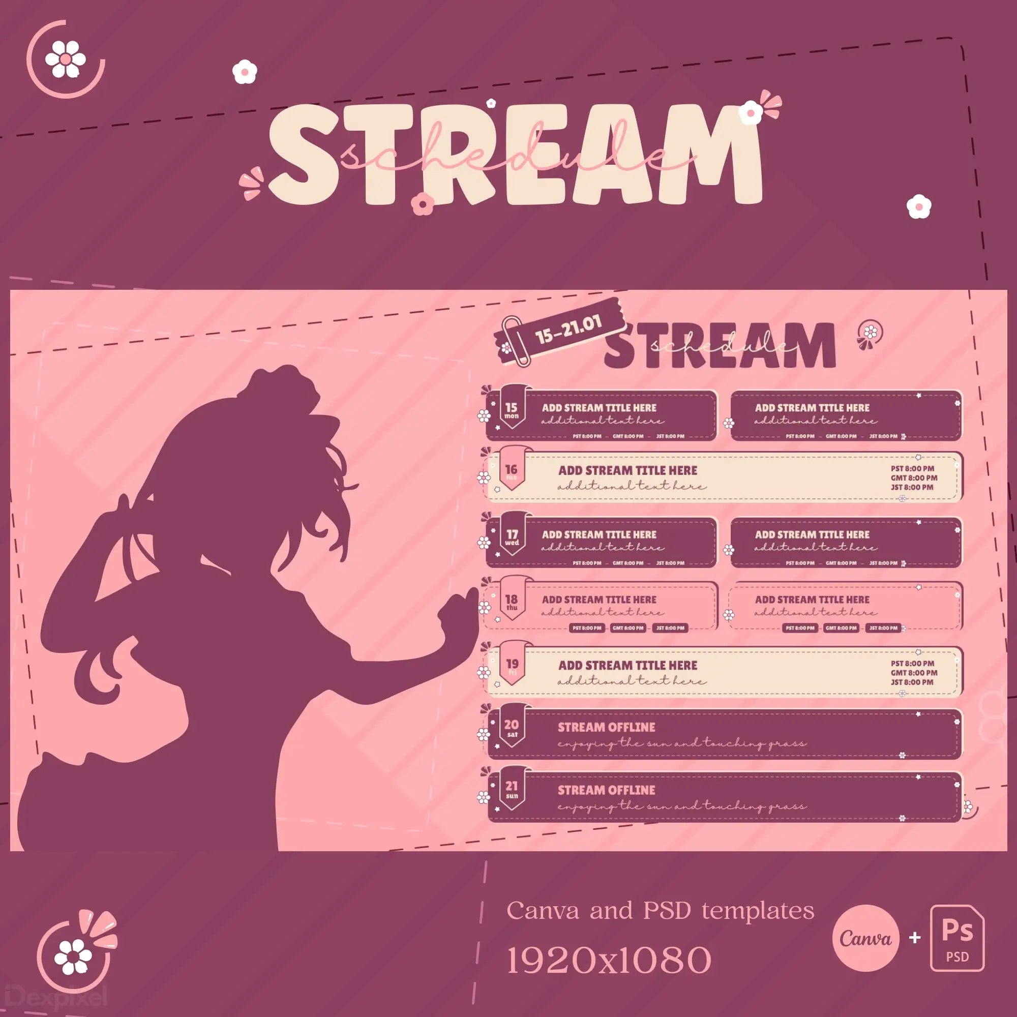 Pink-themed Twitch stream overlay panel template featuring an anime-style silhouette design.