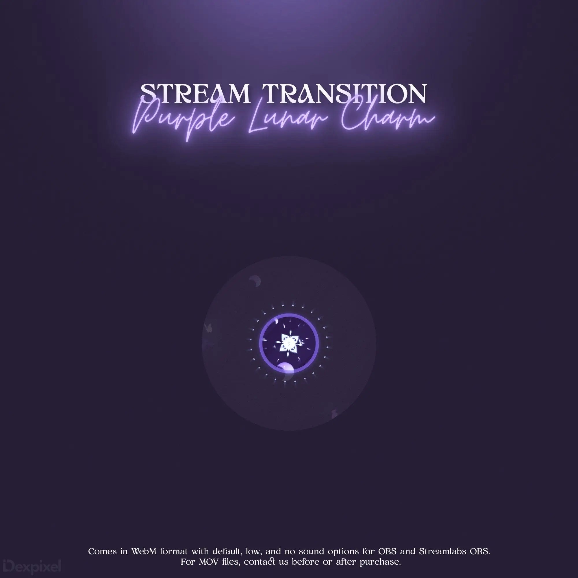 Glowing purple circular stream transition animation with a moon and star design.