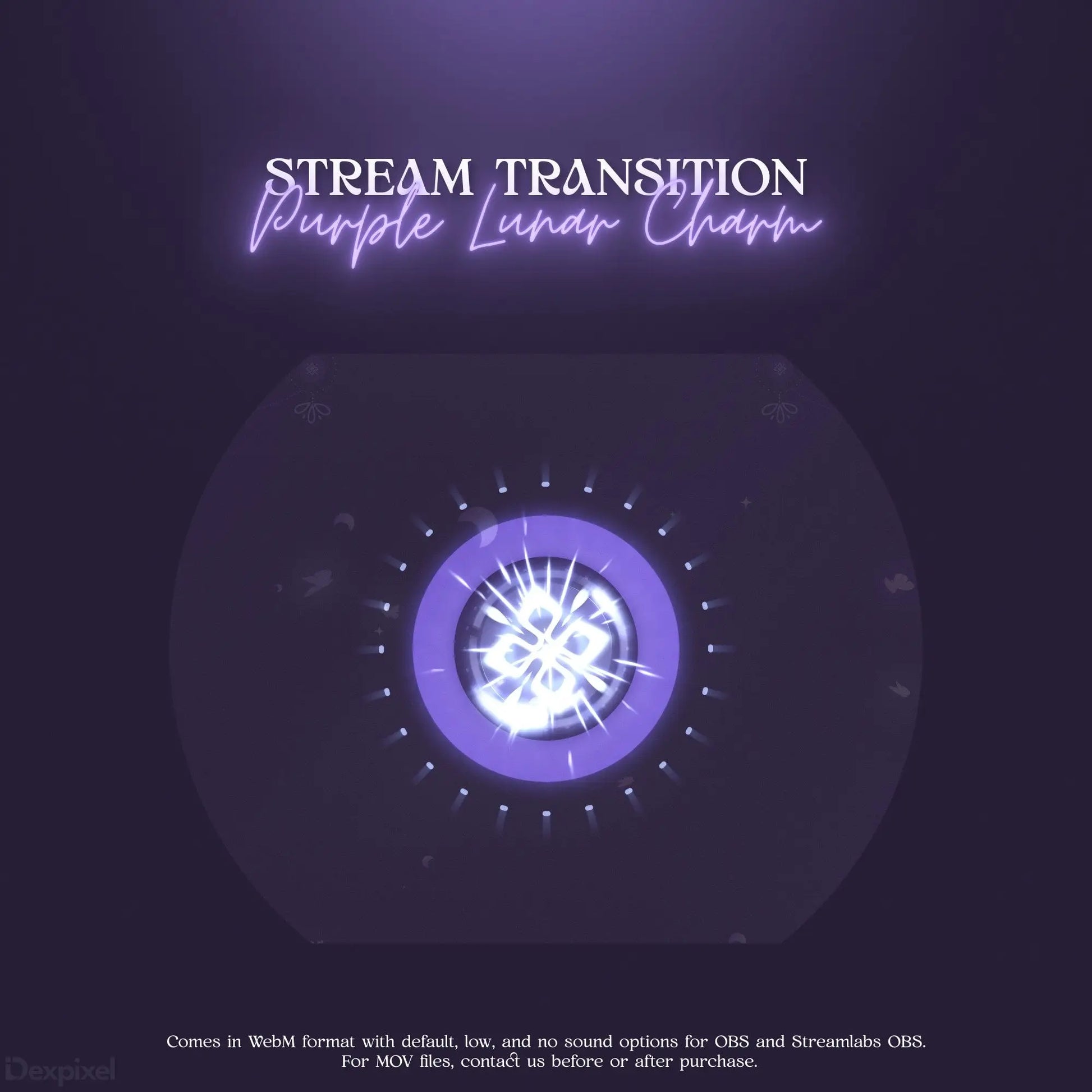 Glowing purple circular stream transition overlay with radiating dots and lines.