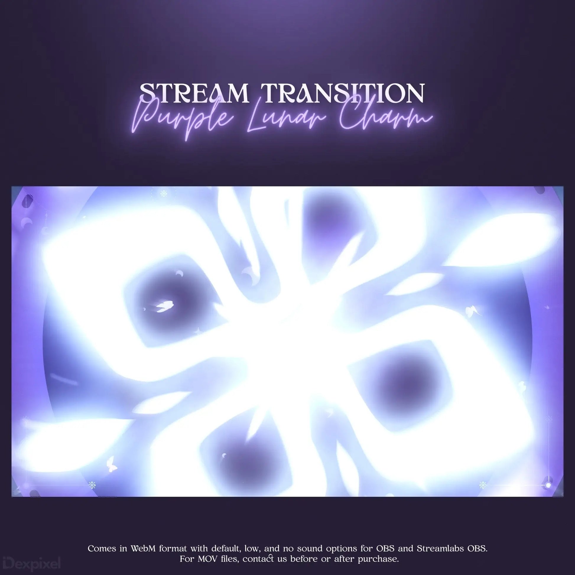 Purple and white glowing abstract stream transition overlay with circular patterns.