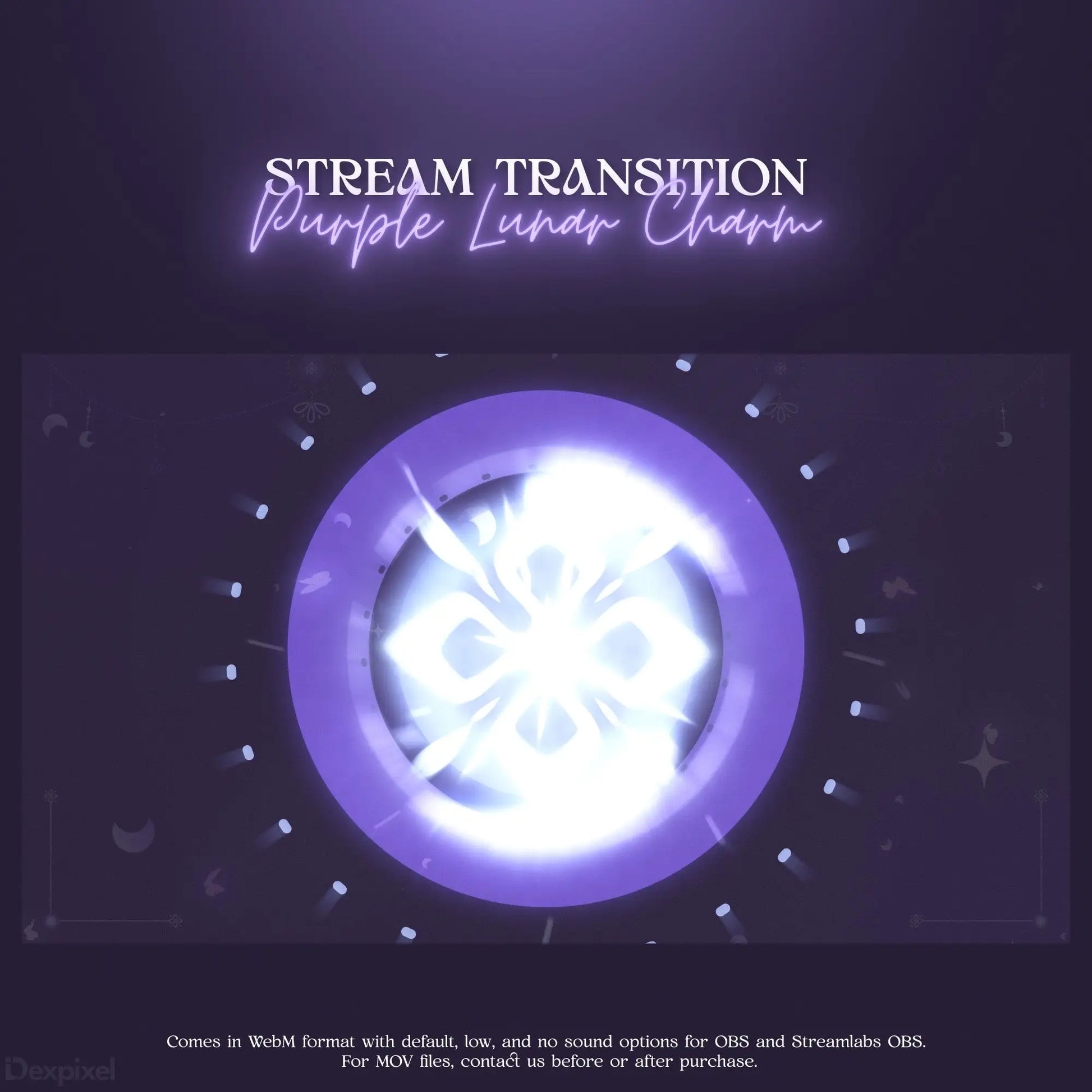 Glowing purple and white circular emblem with butterfly-like design and sparkles.