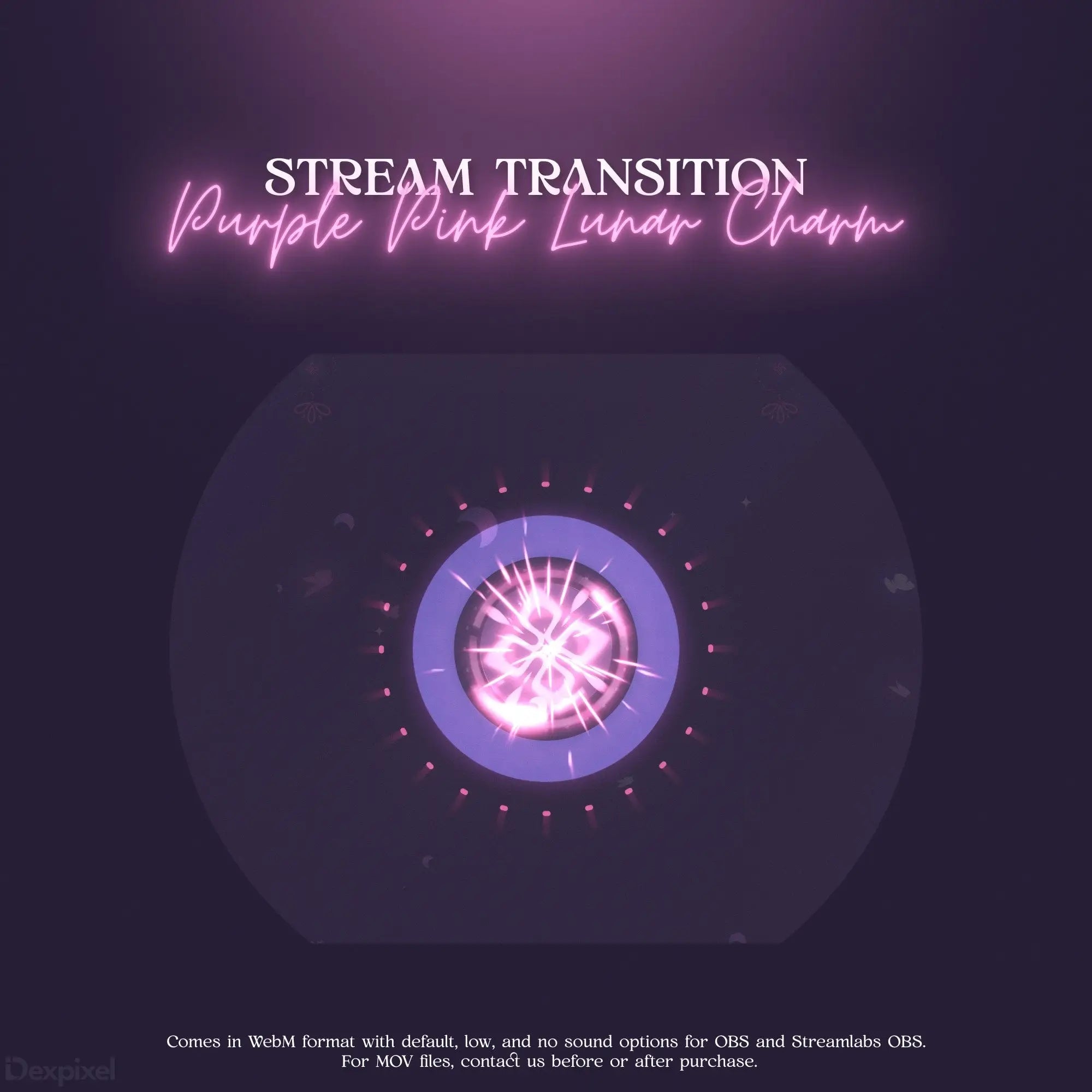 Glowing purple and pink circular design with radiating light effects and dots around the perimeter.