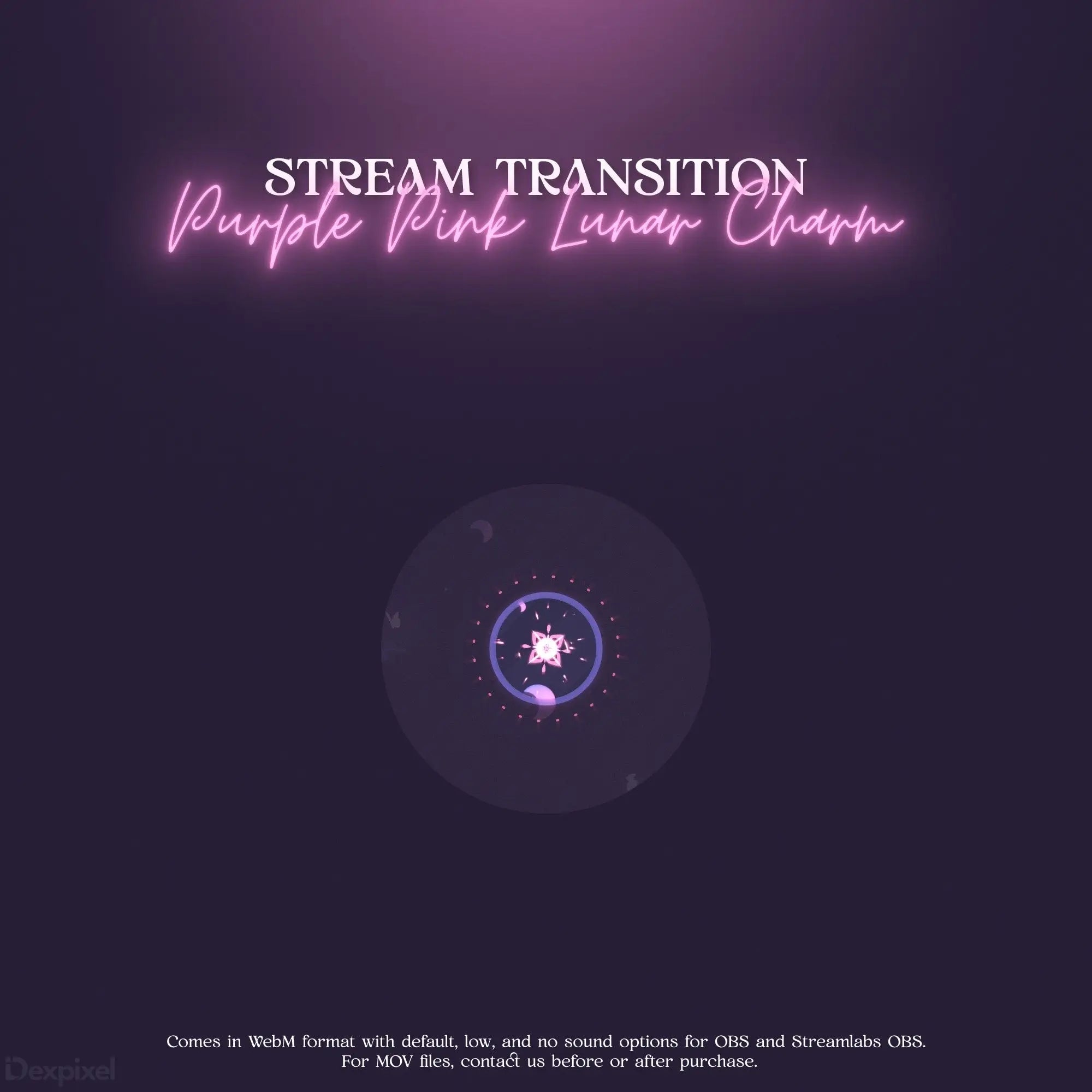 Glowing purple circular stream transition animation with neon text.