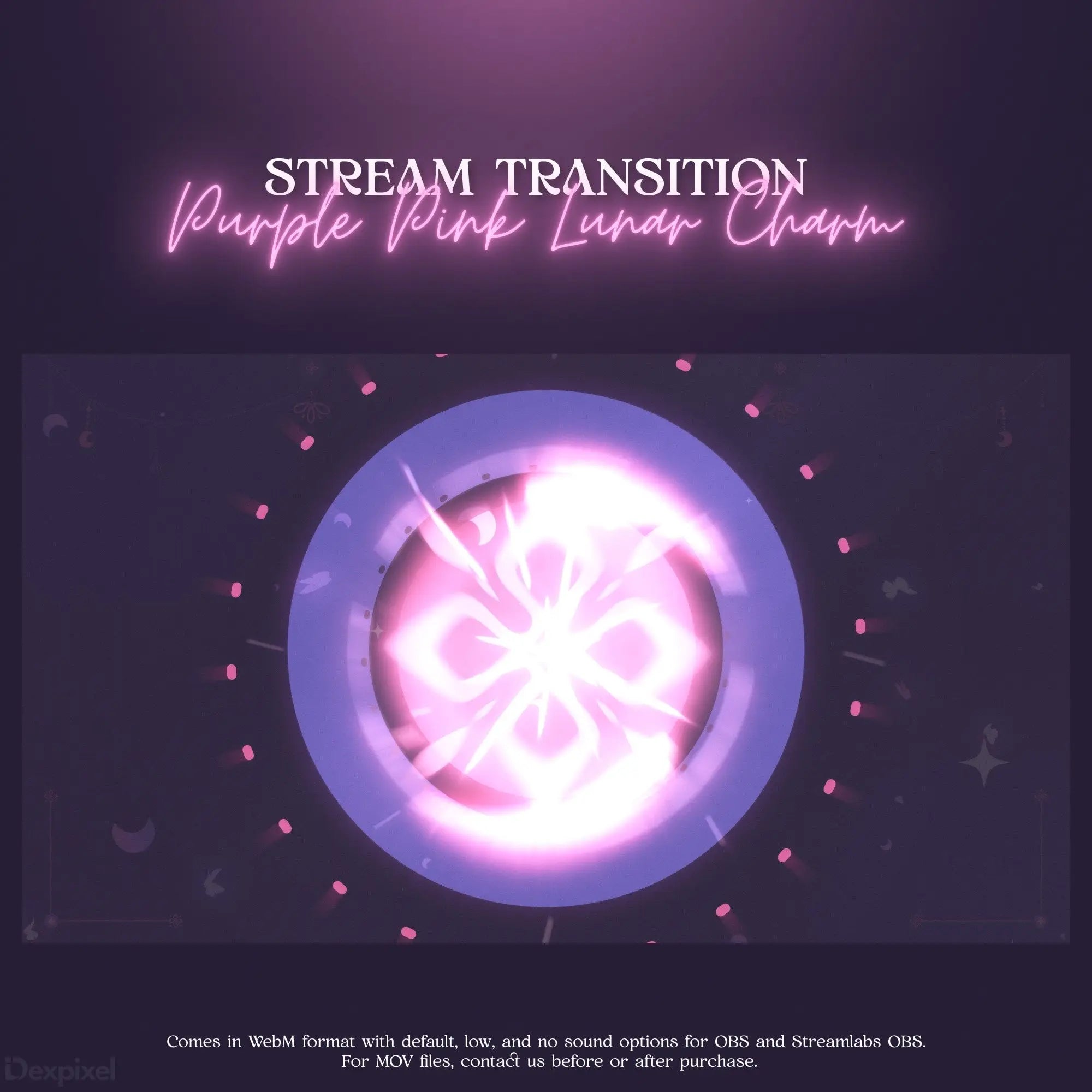 Glowing pink circular symbol with four petal-like shapes inside a luminous sphere.