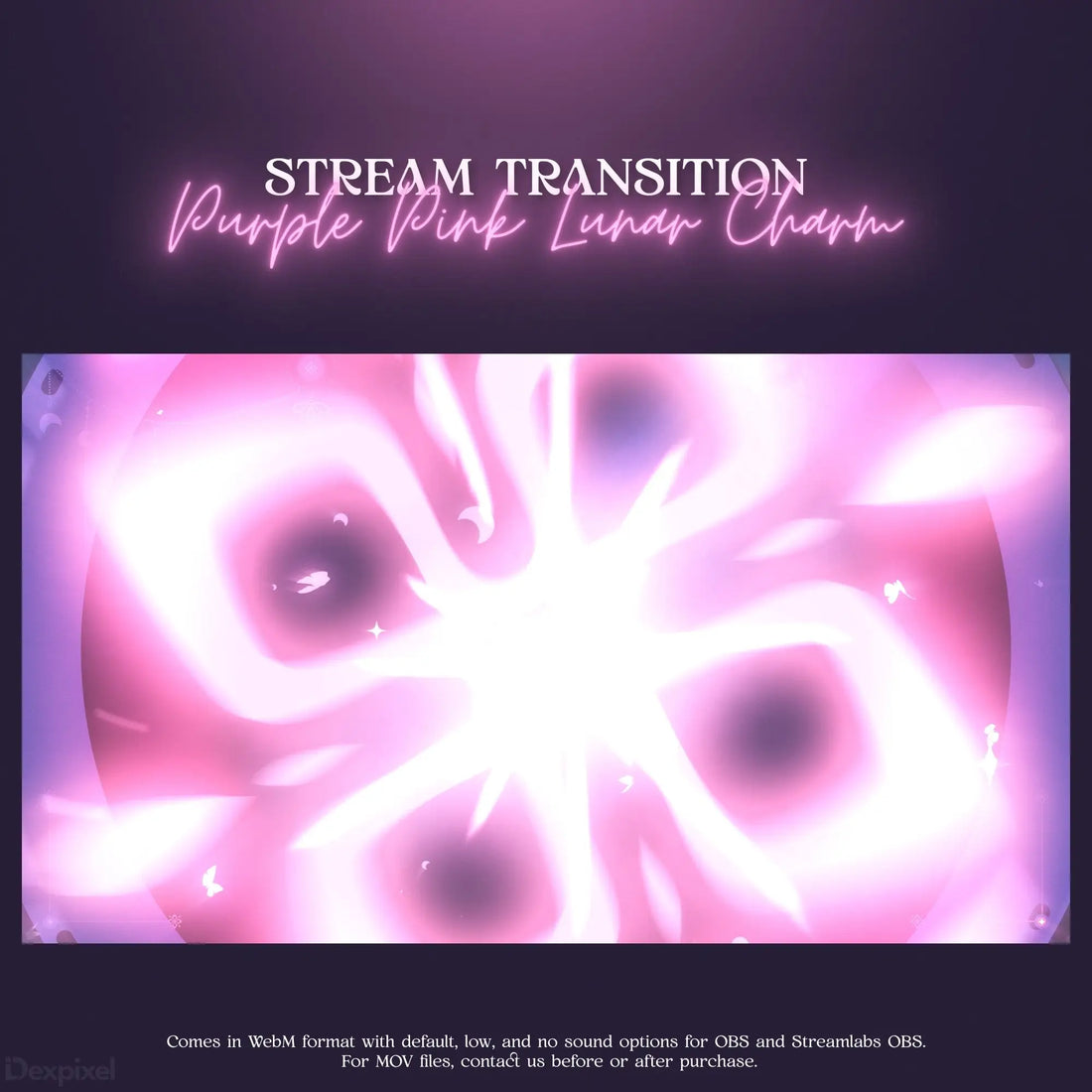 Stream transition screen with swirling pink and purple light effects in a kaleidoscopic pattern.