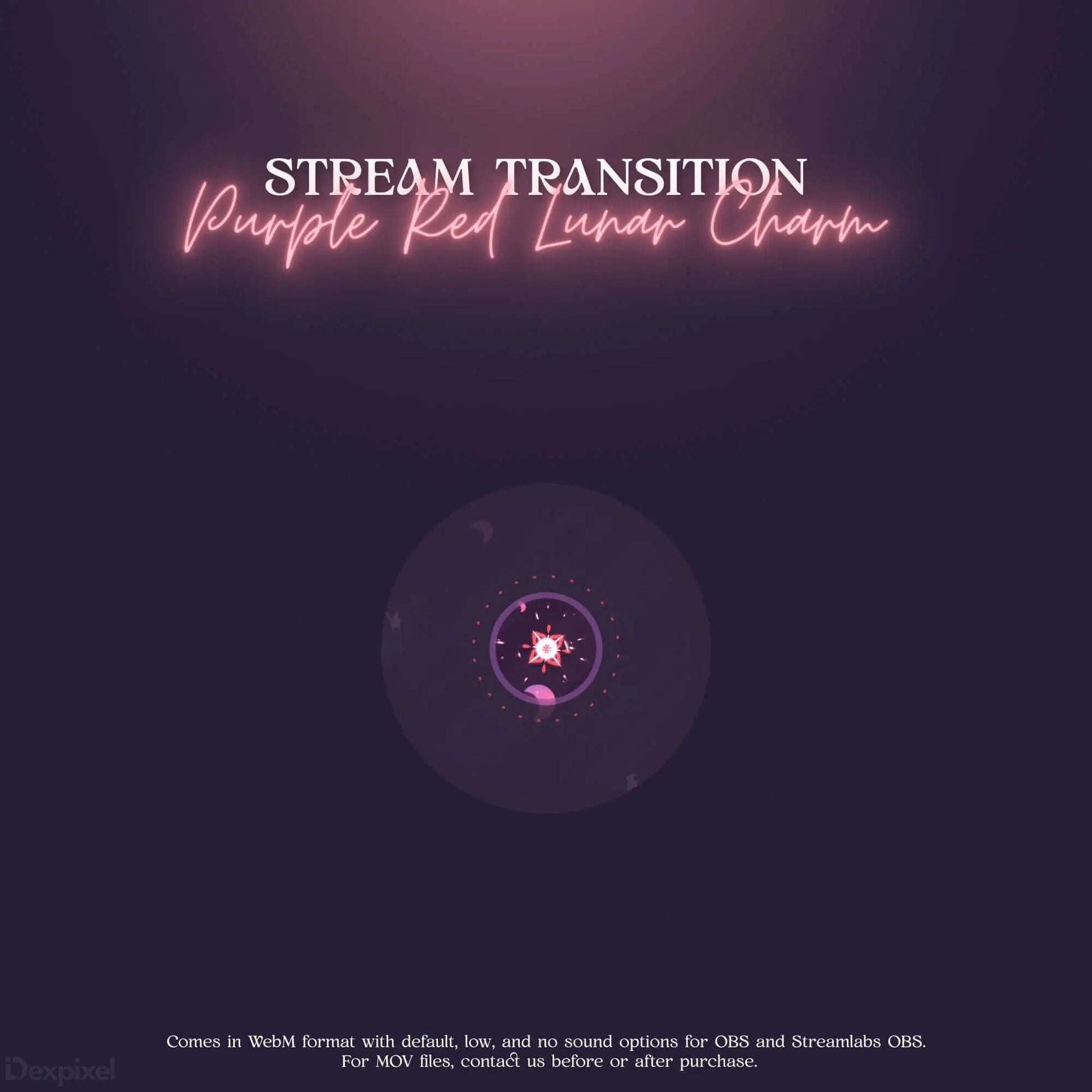 Glowing circular stream transition overlay with pink neon text.