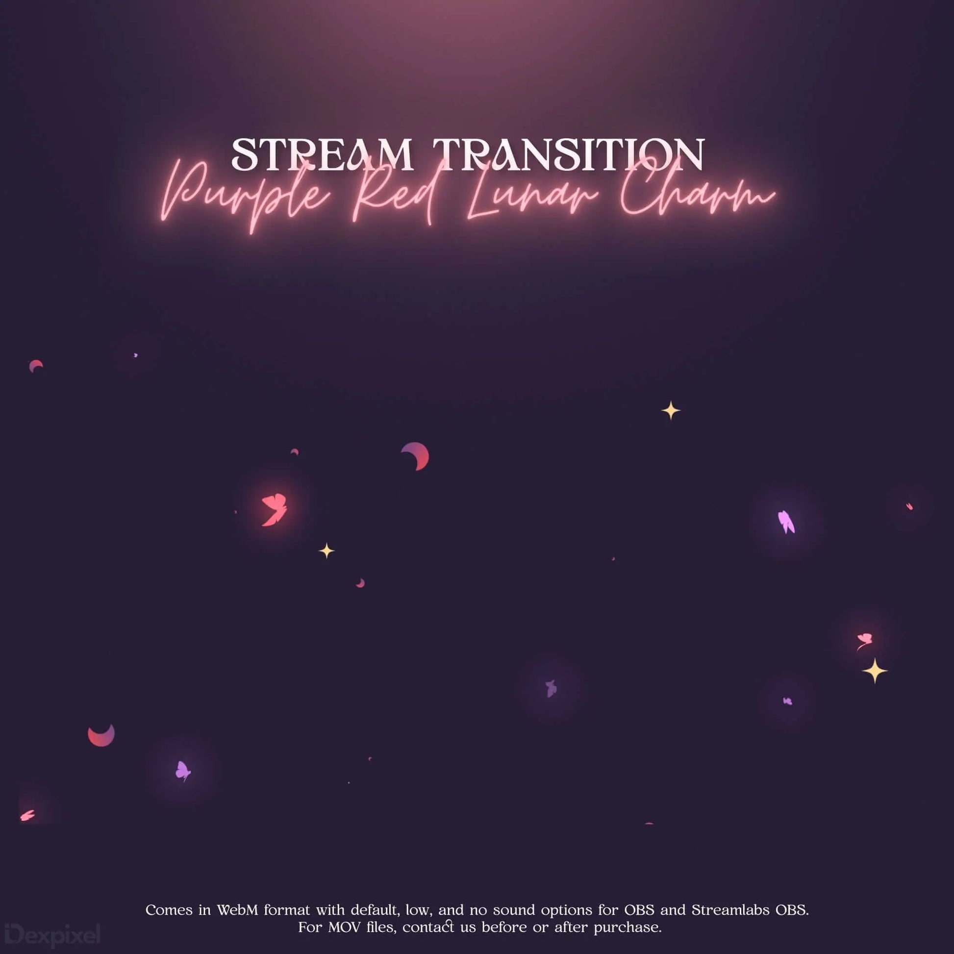 Neon pink text reading ’STREAM TRANSITION’ with additional cursive text below against a dark backdrop with floating sparkles and petals.