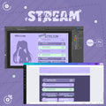 Stream overlay design interface being created in Photoshop with purple theme and silhouette elements.