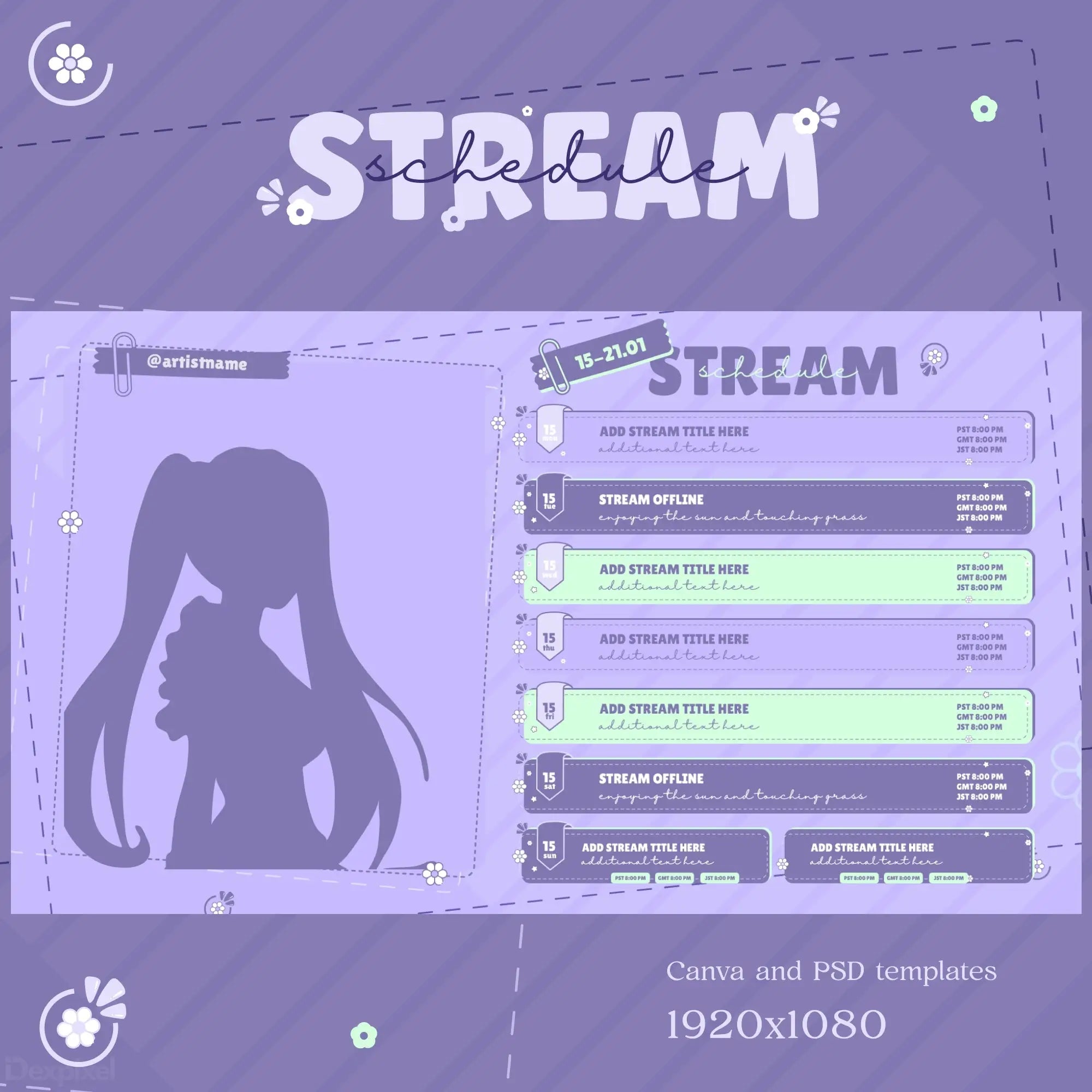 Purple-themed stream overlay template with chat interface and silhouette design.