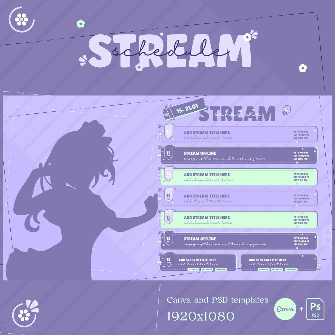 Purple-themed stream overlay template with chat interface and silhouette design.