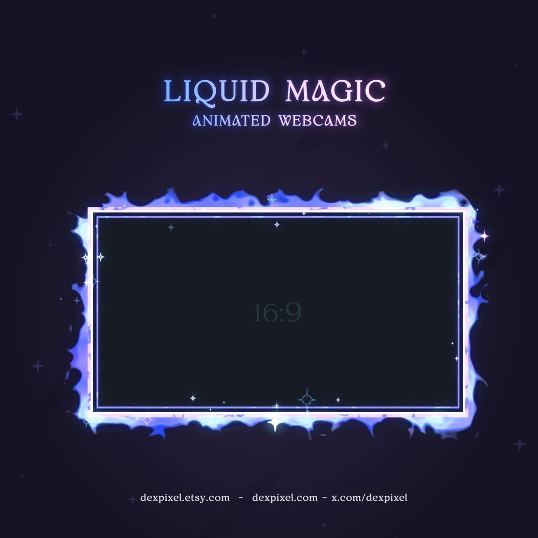 Animated webcam overlays with liquid magic designs in various aspect ratios for streaming.