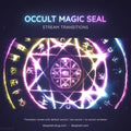 Glowing neon magical seal with mystical symbols arranged in concentric circles and geometric patterns.