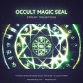 Glowing green magical seal with mystical symbols arranged in concentric circles and geometric patterns.