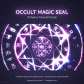 Glowing purple magical seal with geometric patterns and mystical symbols arranged in concentric circles.