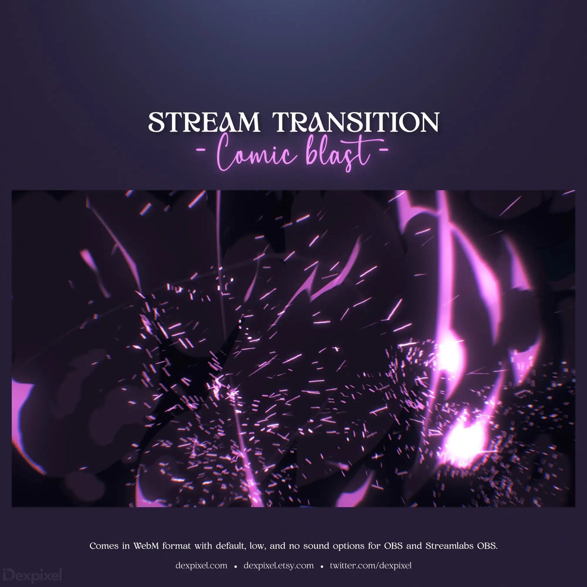 Stream transition overlay with purple cosmic particle effects and white text.