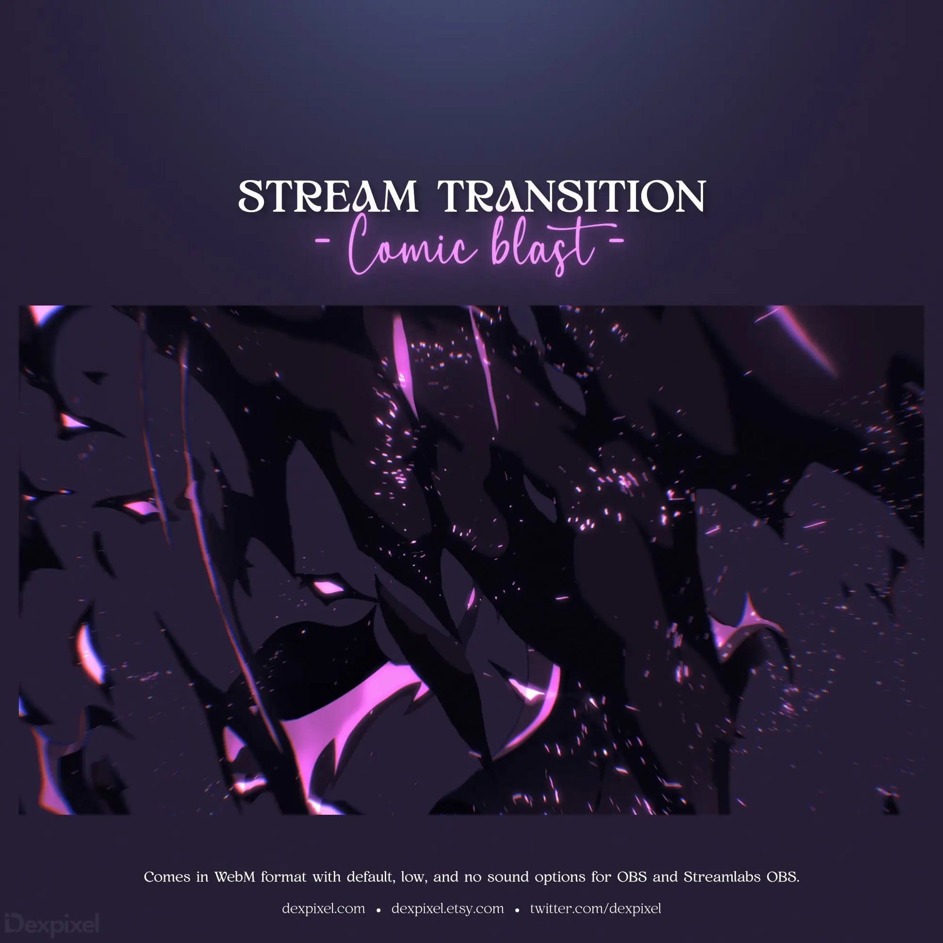 Stream transition screen overlay with dark shattered glass effect and pink highlights.