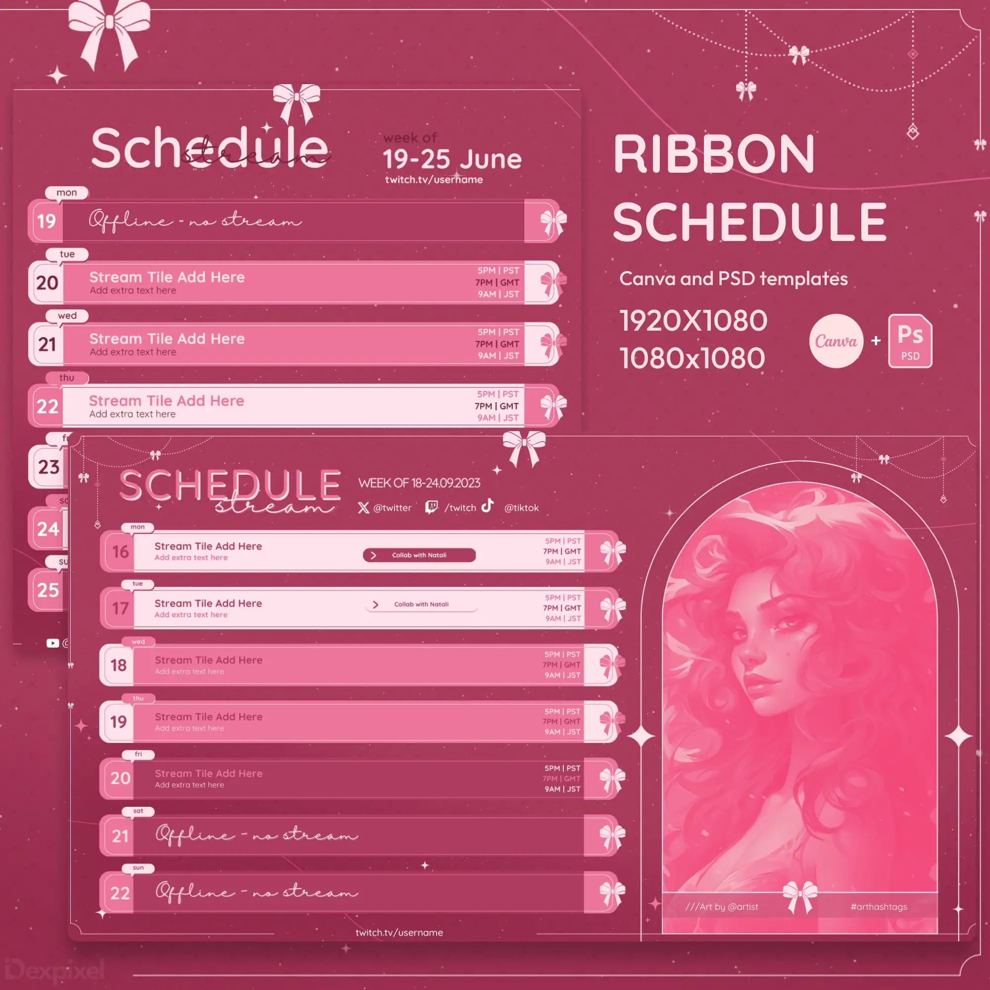 Pink-themed streaming schedule template with ribbon decorations and an arched window design.