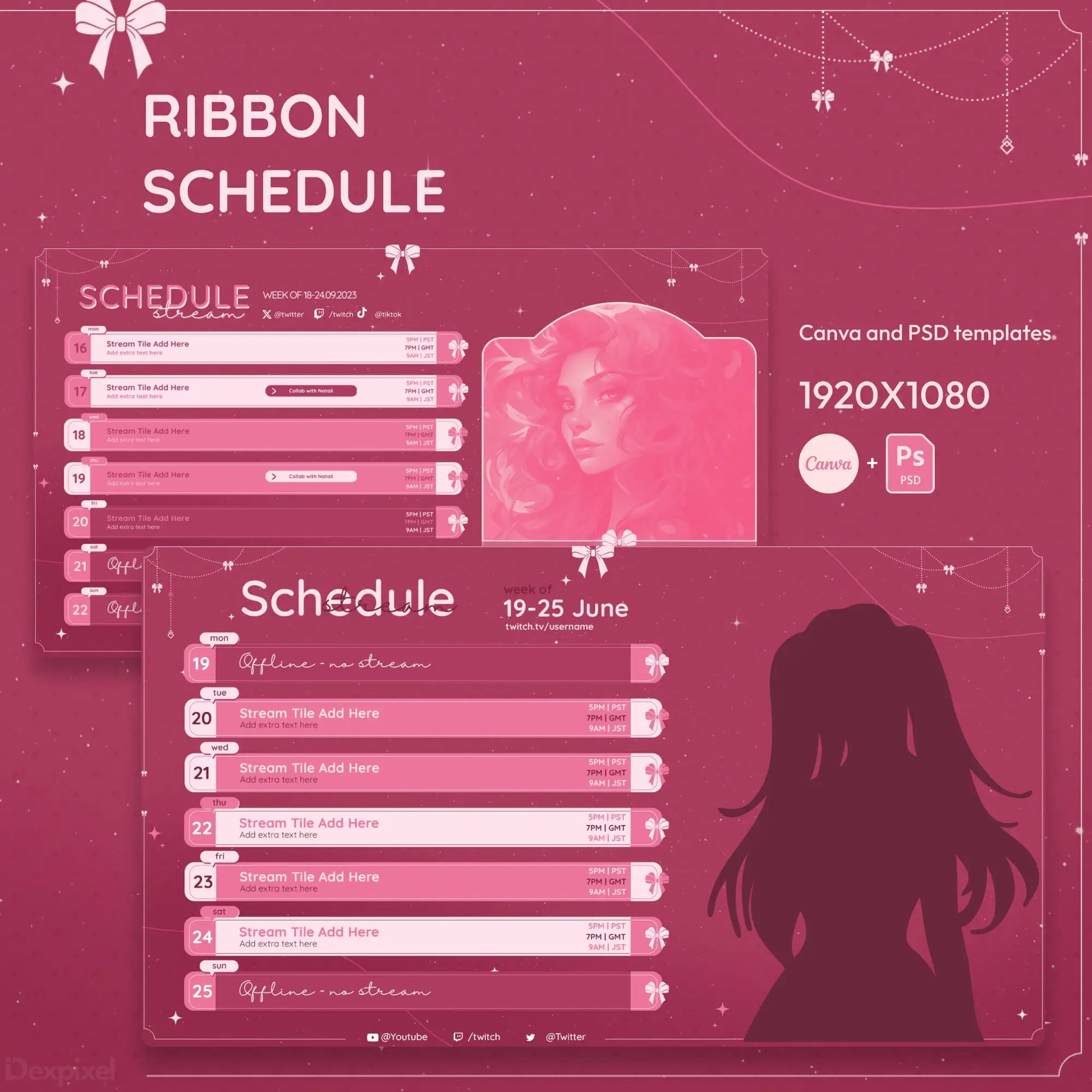 Pink-themed streaming schedule template with ribbon decorations and an anime-style silhouette.