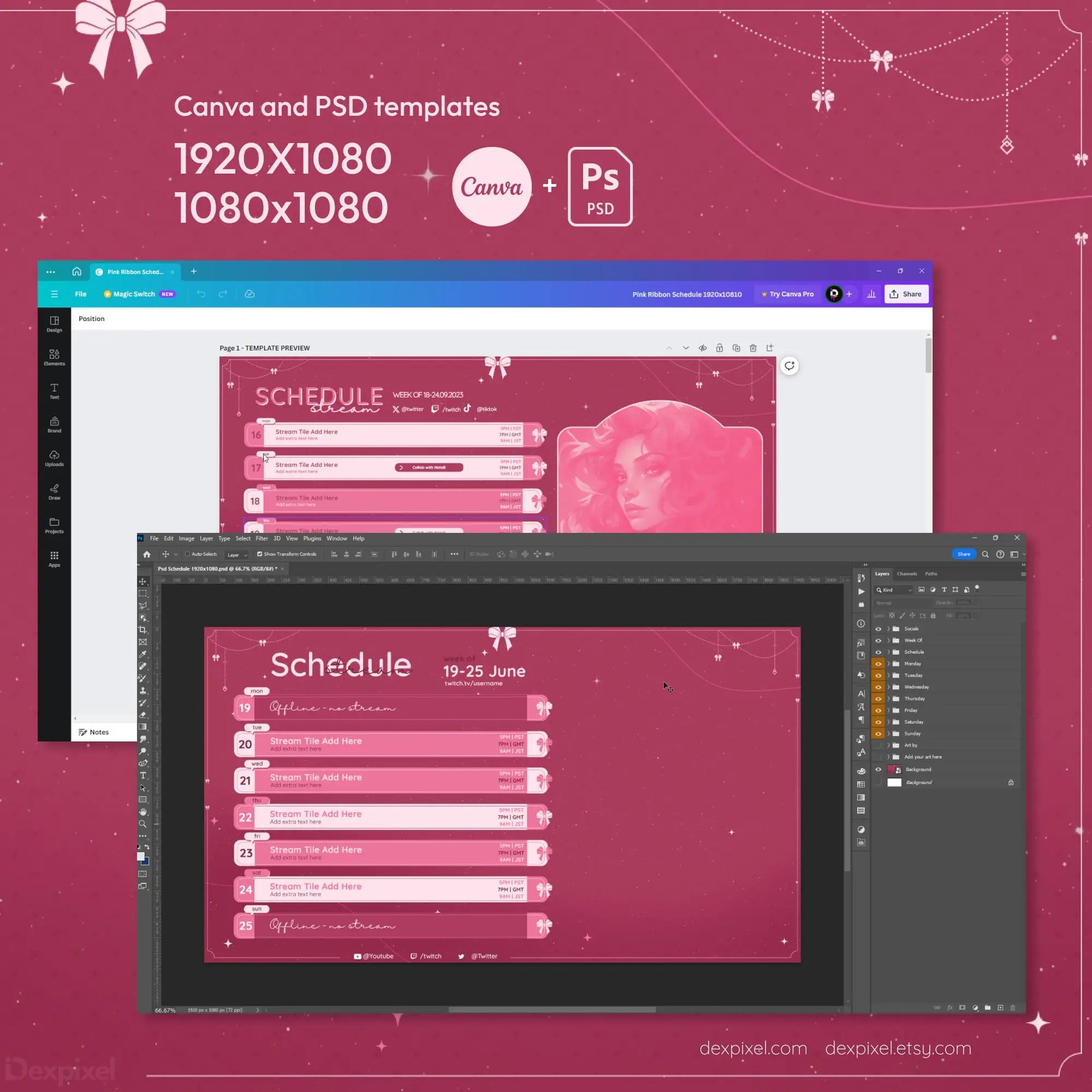 Pink-themed schedule template shown in both Canva and Photoshop interfaces.