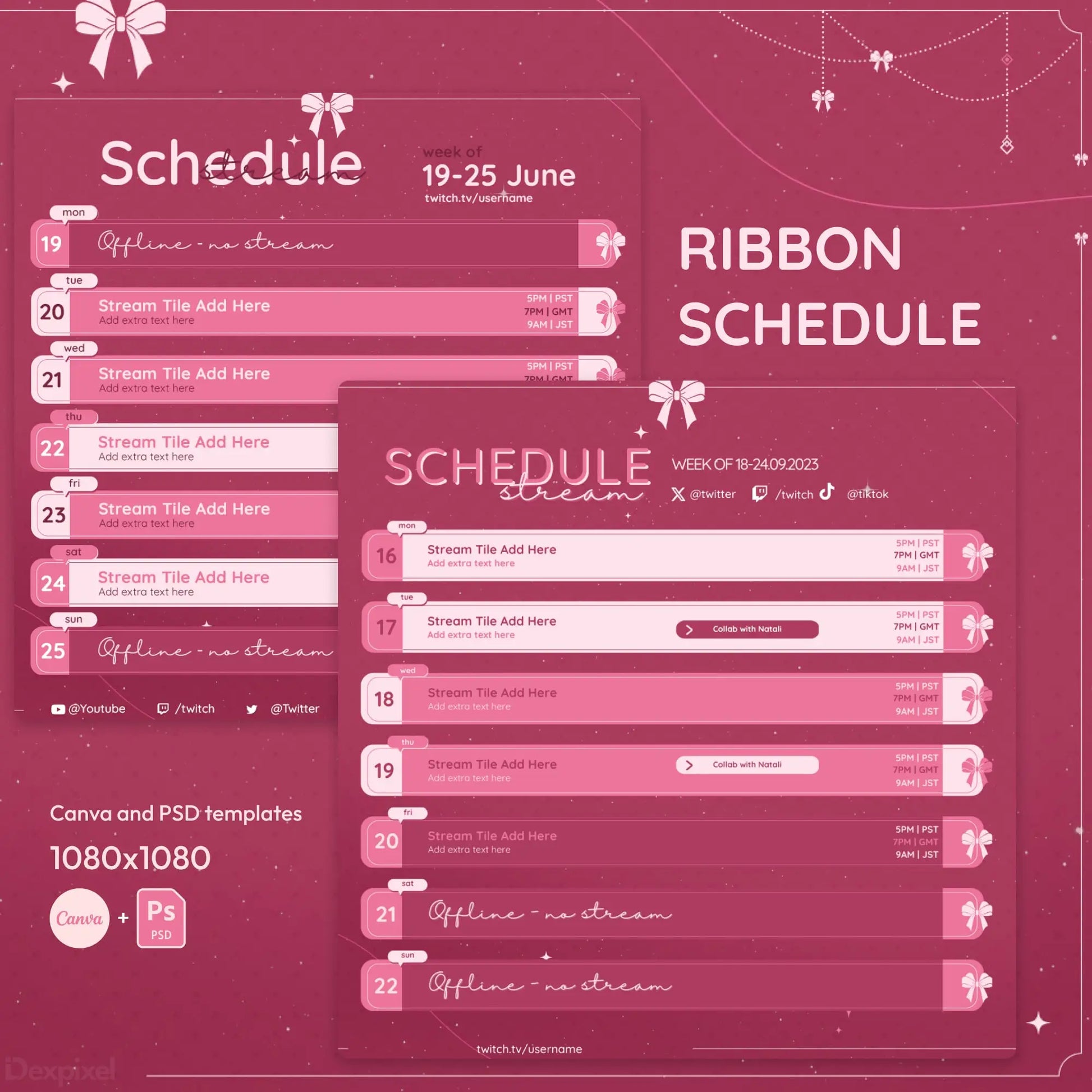 Pink ribbon-themed schedule template with date slots and decorative bow elements.