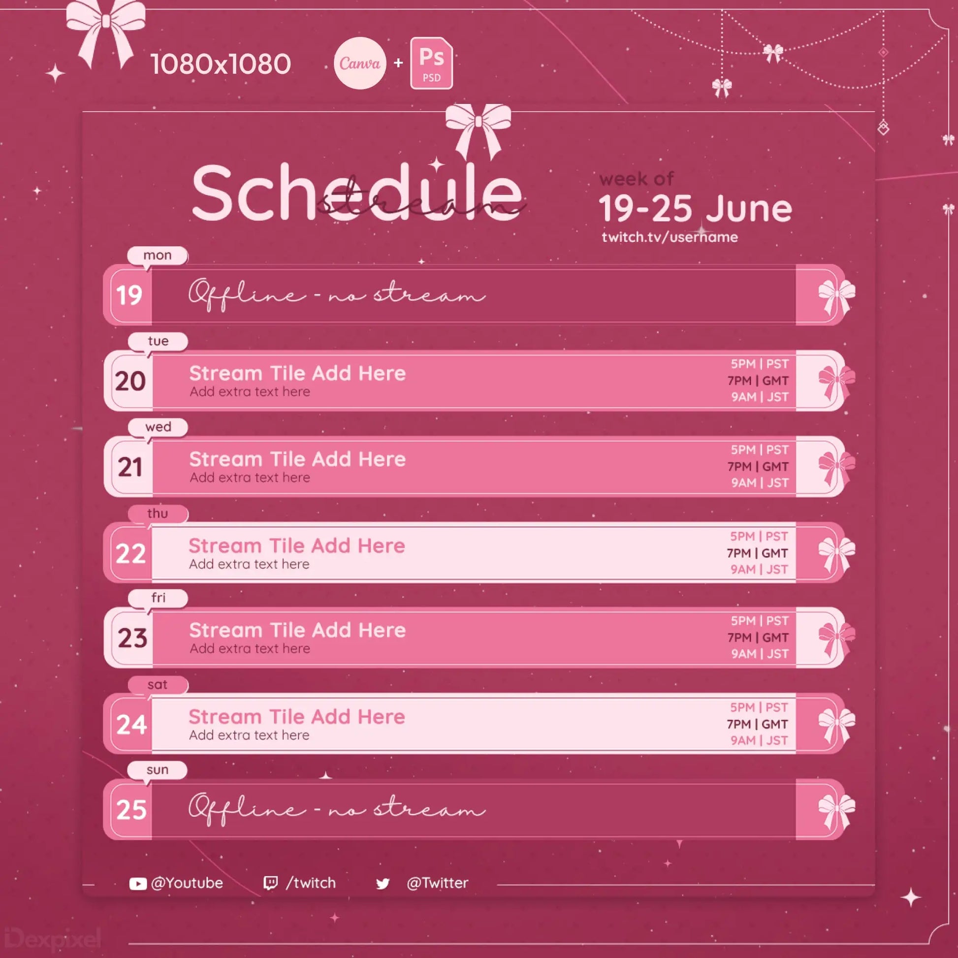 Pink weekly schedule template with bow decorations showing dates from June 19-25.