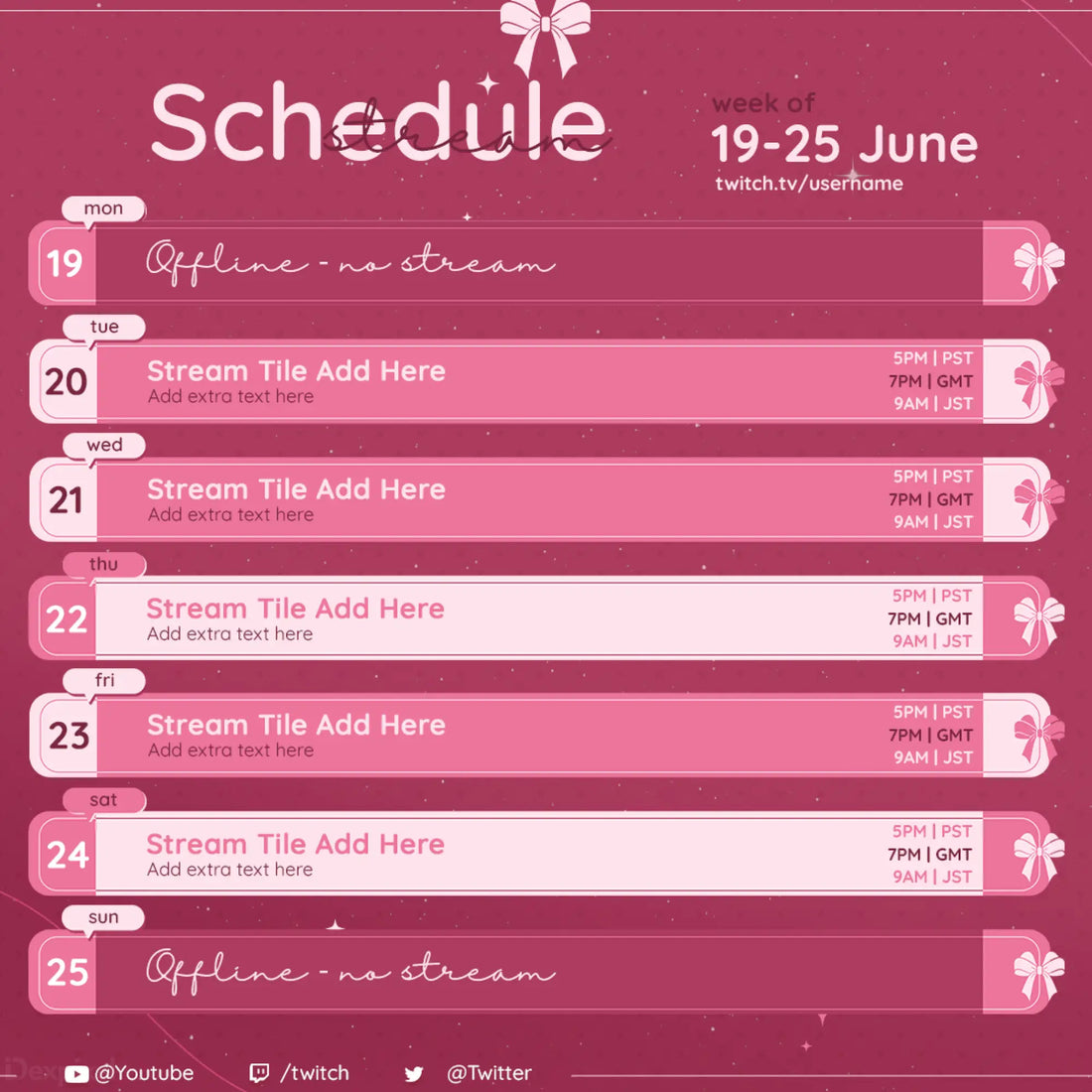 Pink-themed streaming schedule template with ribbon decorations and an arched window design.