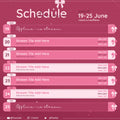 Pink weekly streaming schedule template for June 19-25 with bow decorations.