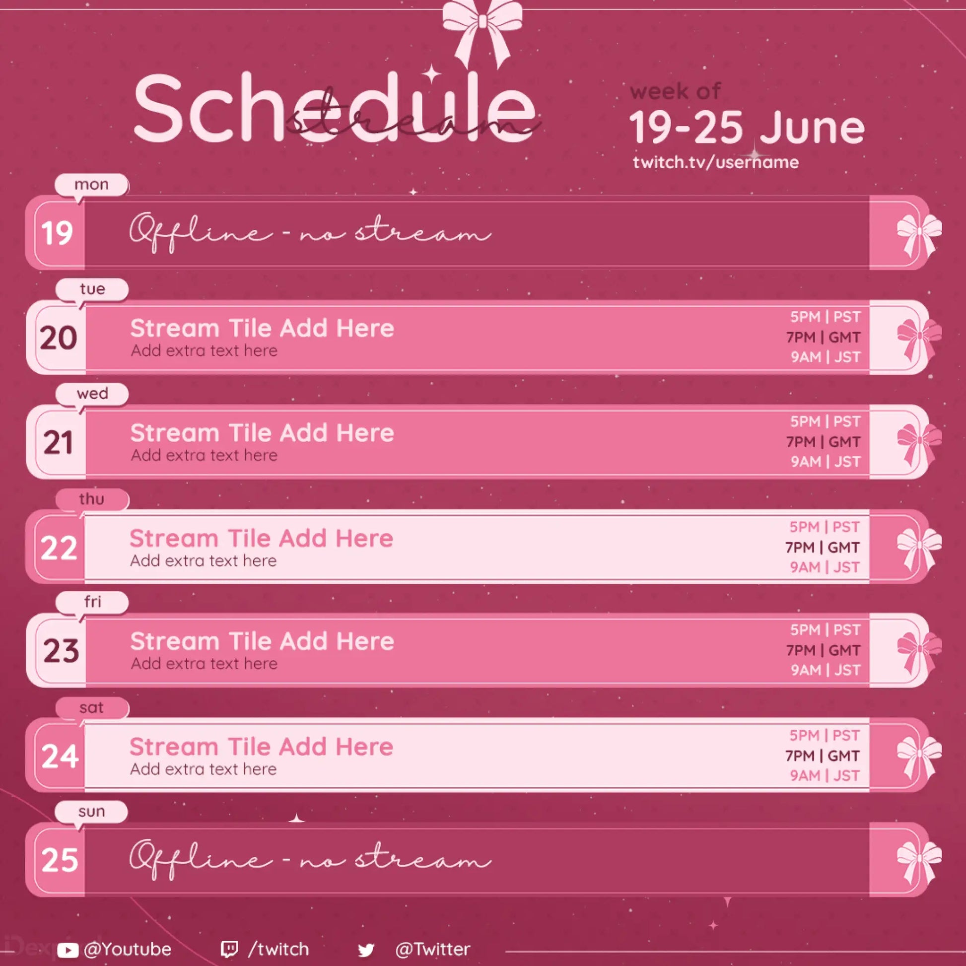 Pink weekly streaming schedule template for June 19-25 with bow decorations.