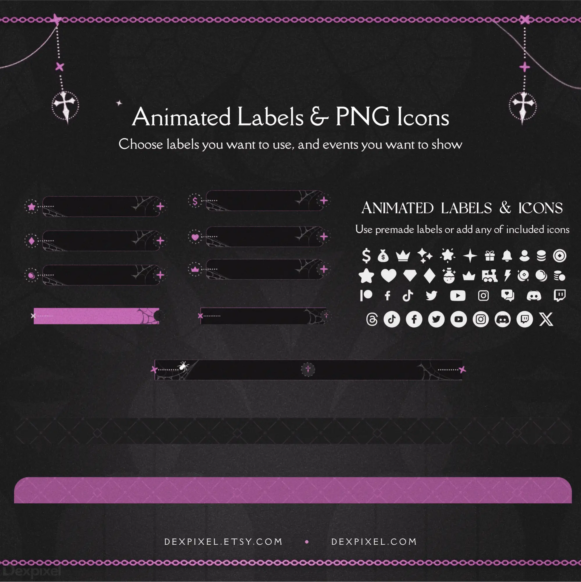 Collection of animated labels and PNG icons featuring hearts, stars, crosses, and social media symbols in white against a dark background.