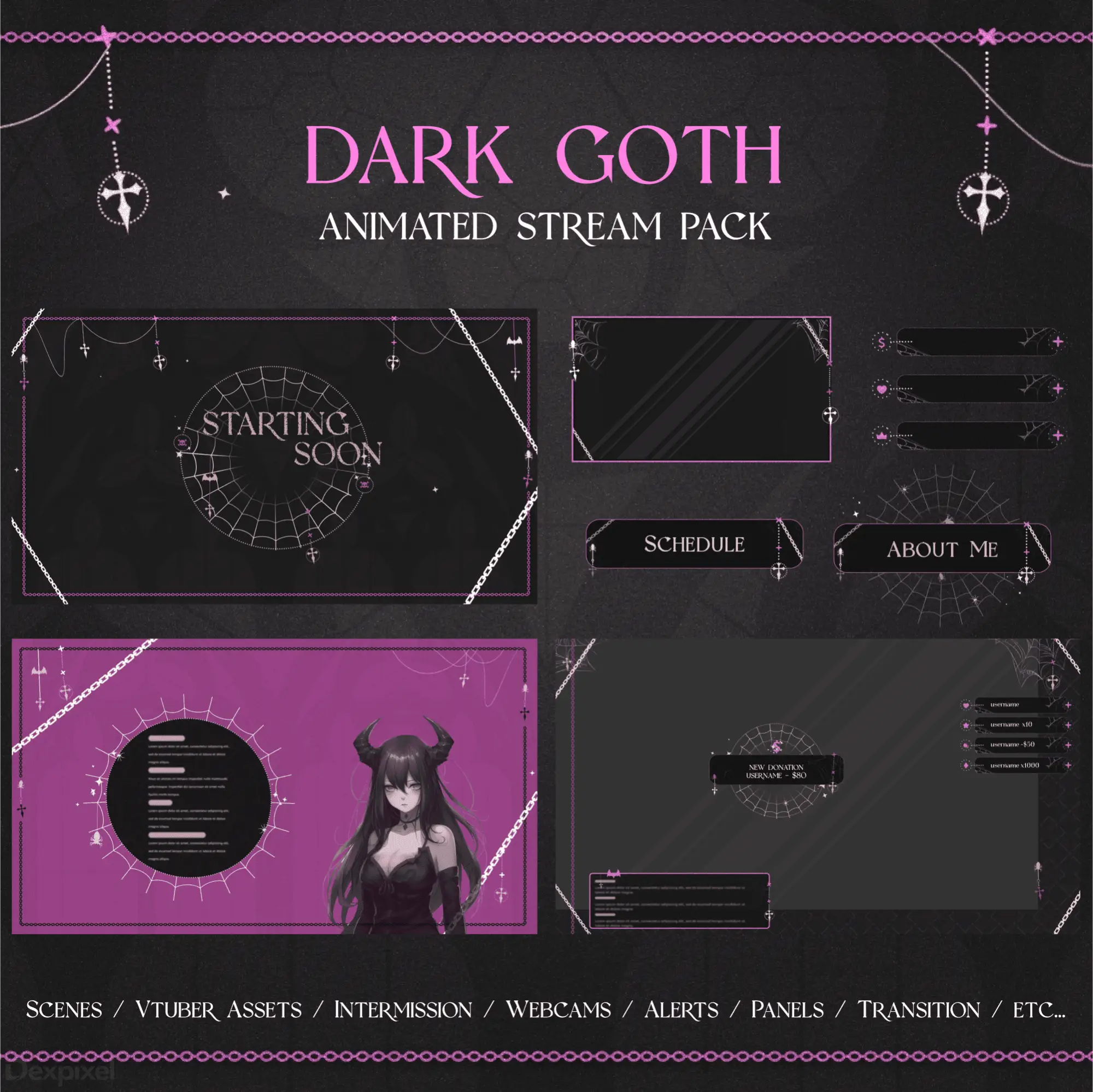 Dark goth-themed streaming overlay pack featuring purple and black design elements with anime-style graphics.