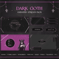 Dark goth-themed streaming overlay pack featuring purple and black design elements with anime-style graphics.