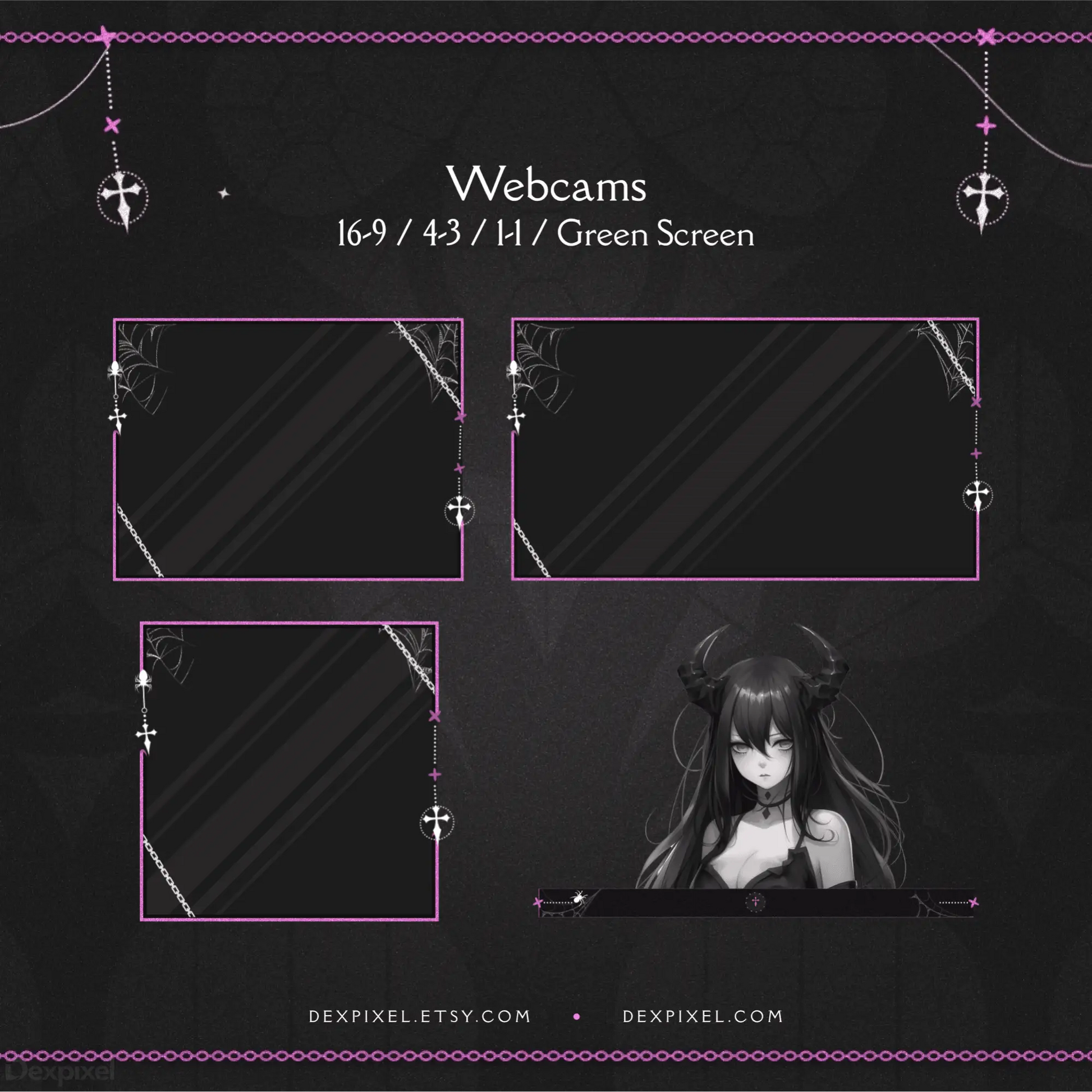 Gothic-themed webcam overlay template featuring pink borders, cross decorations, and an anime character design.