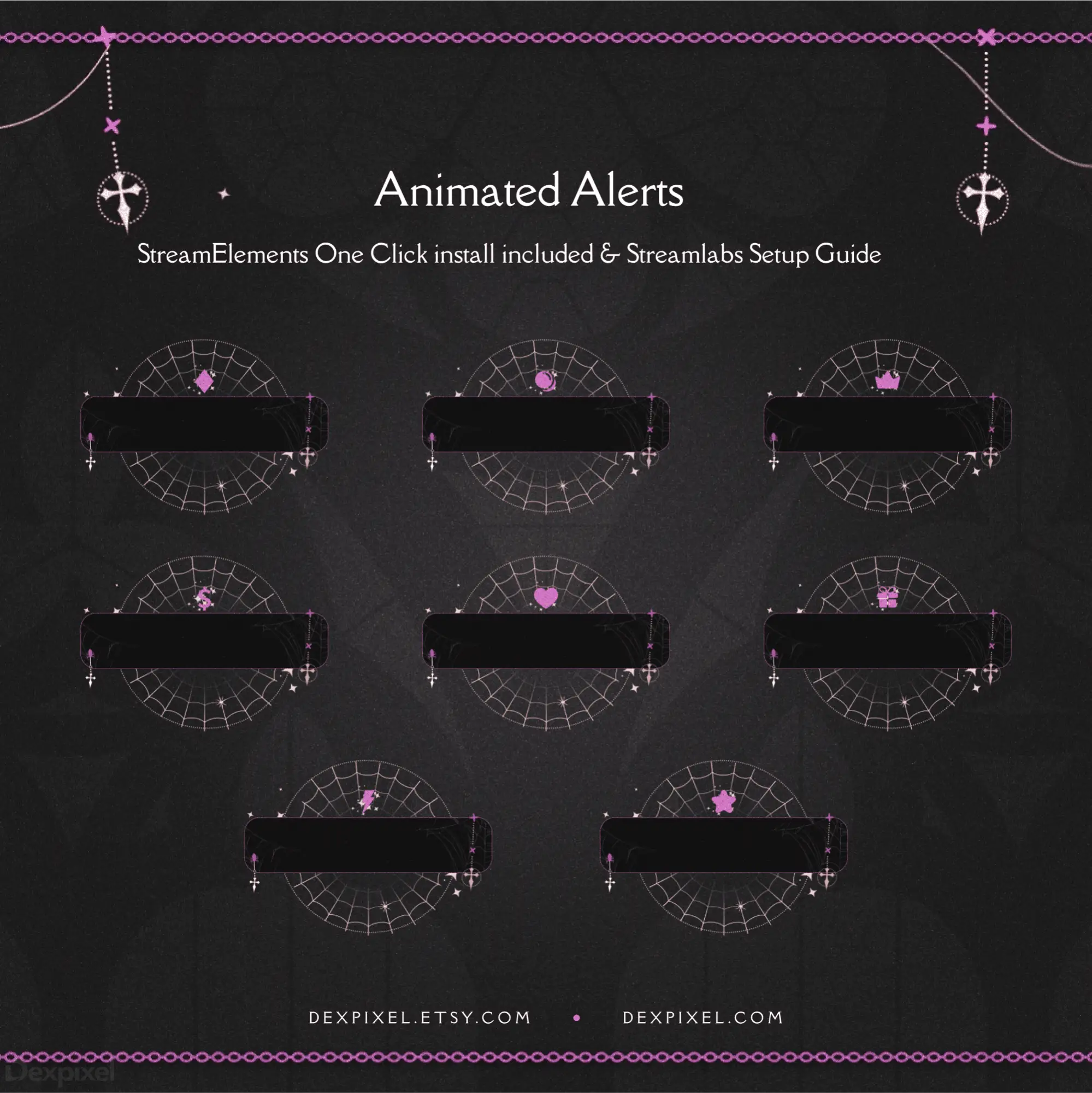 Set of dark circular alert frames with pink accents and decorative anchor elements.