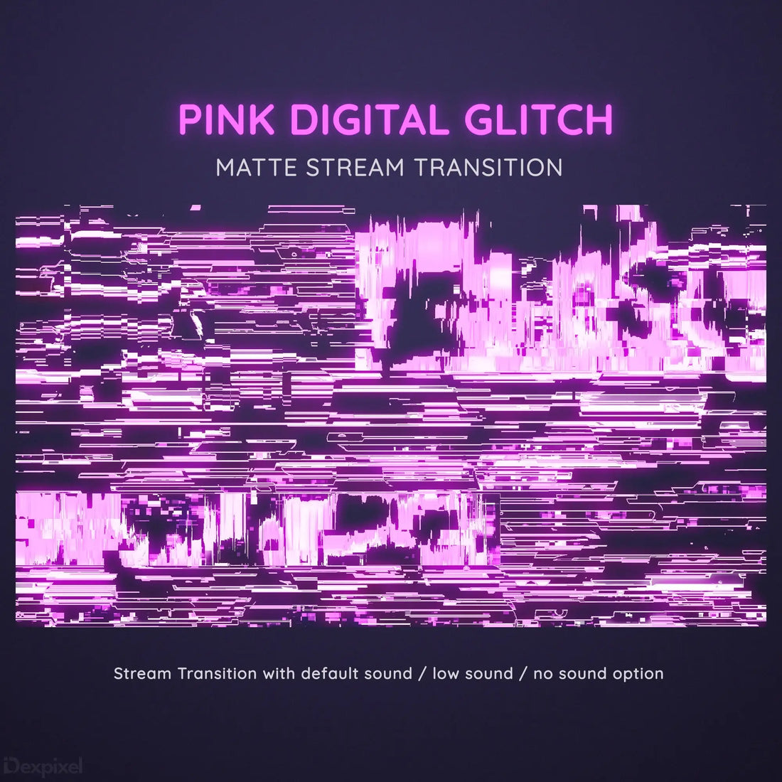 Pink digital glitch effect with horizontal distortion lines and pixelated patterns.