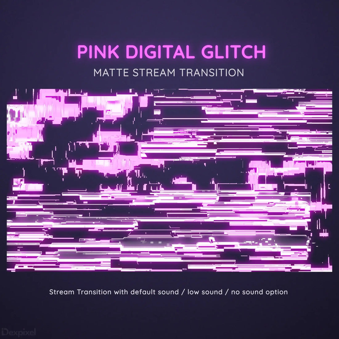 Pink digital glitch effect with horizontal distortion lines and pixelated patterns.