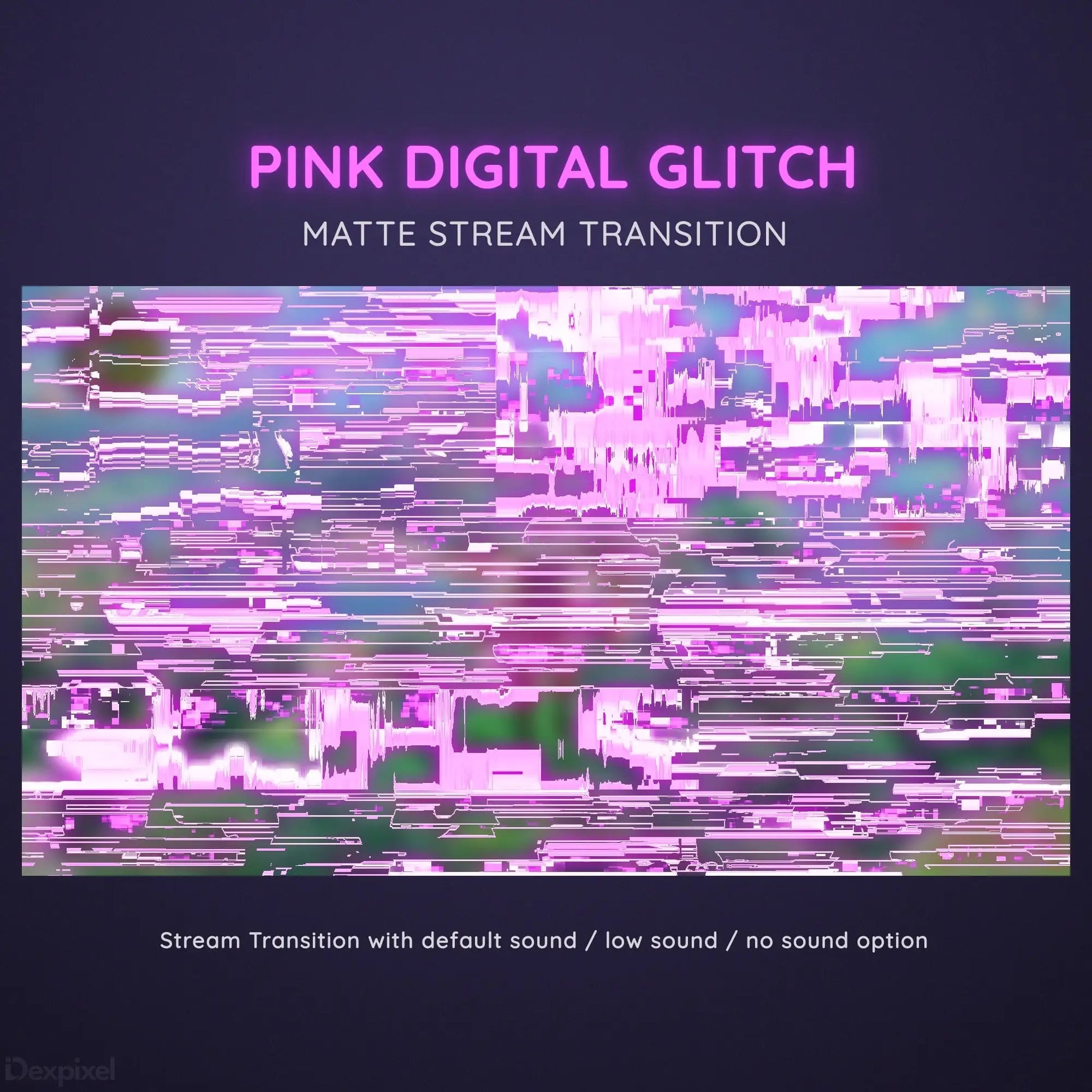 Pink digital glitch effect with horizontal distortion lines and pixelated artifacts.