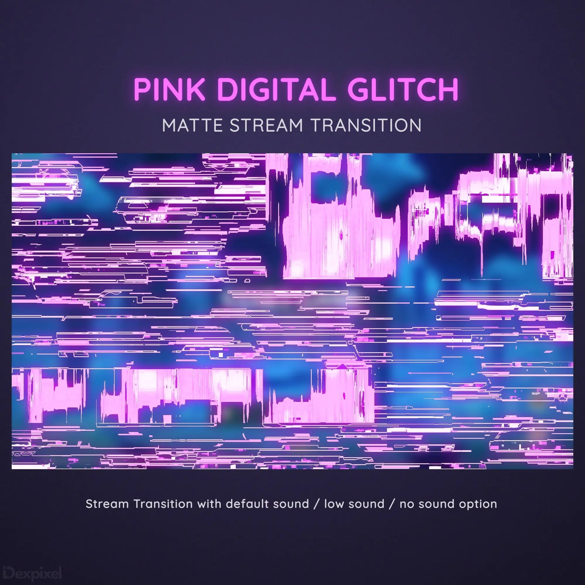 Pink and blue digital glitch effect with horizontal distortion lines and pixelated patterns.