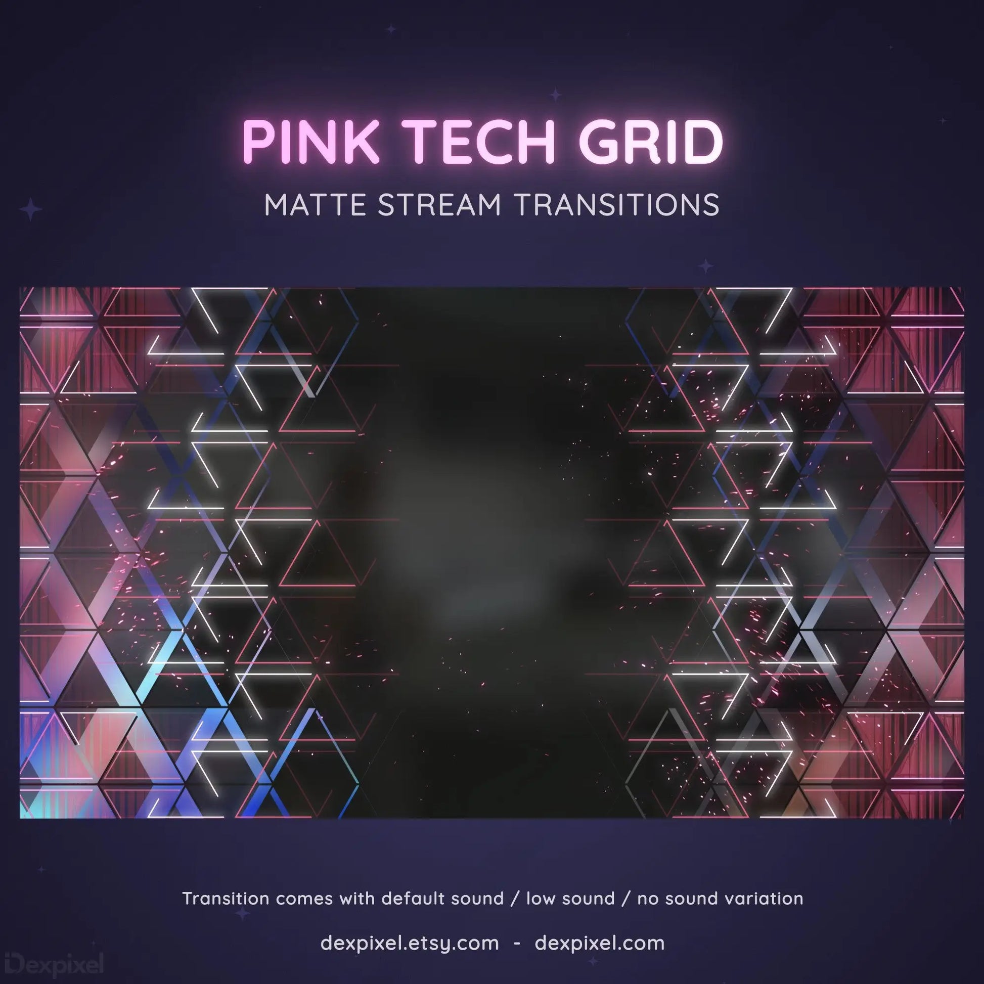 Pink and blue geometric grid pattern with triangular elements and neon lighting effects.