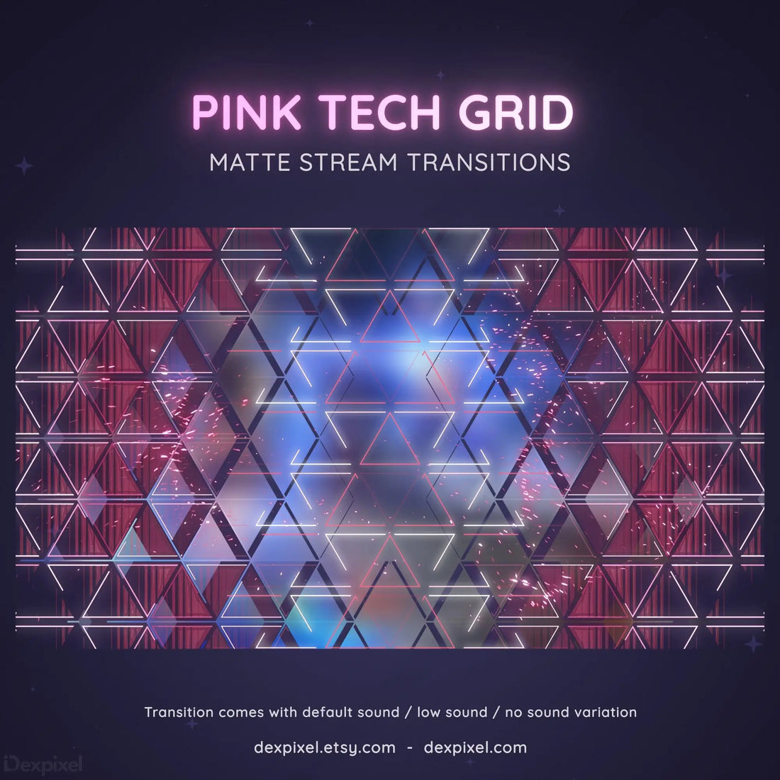 Geometric pink and purple grid pattern with glowing neon text above it.