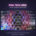 Geometric grid pattern with pink and blue neon lighting effects and triangular shapes.