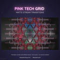 Geometric pink and teal grid pattern with glowing neon lines forming a hexagonal tech design.