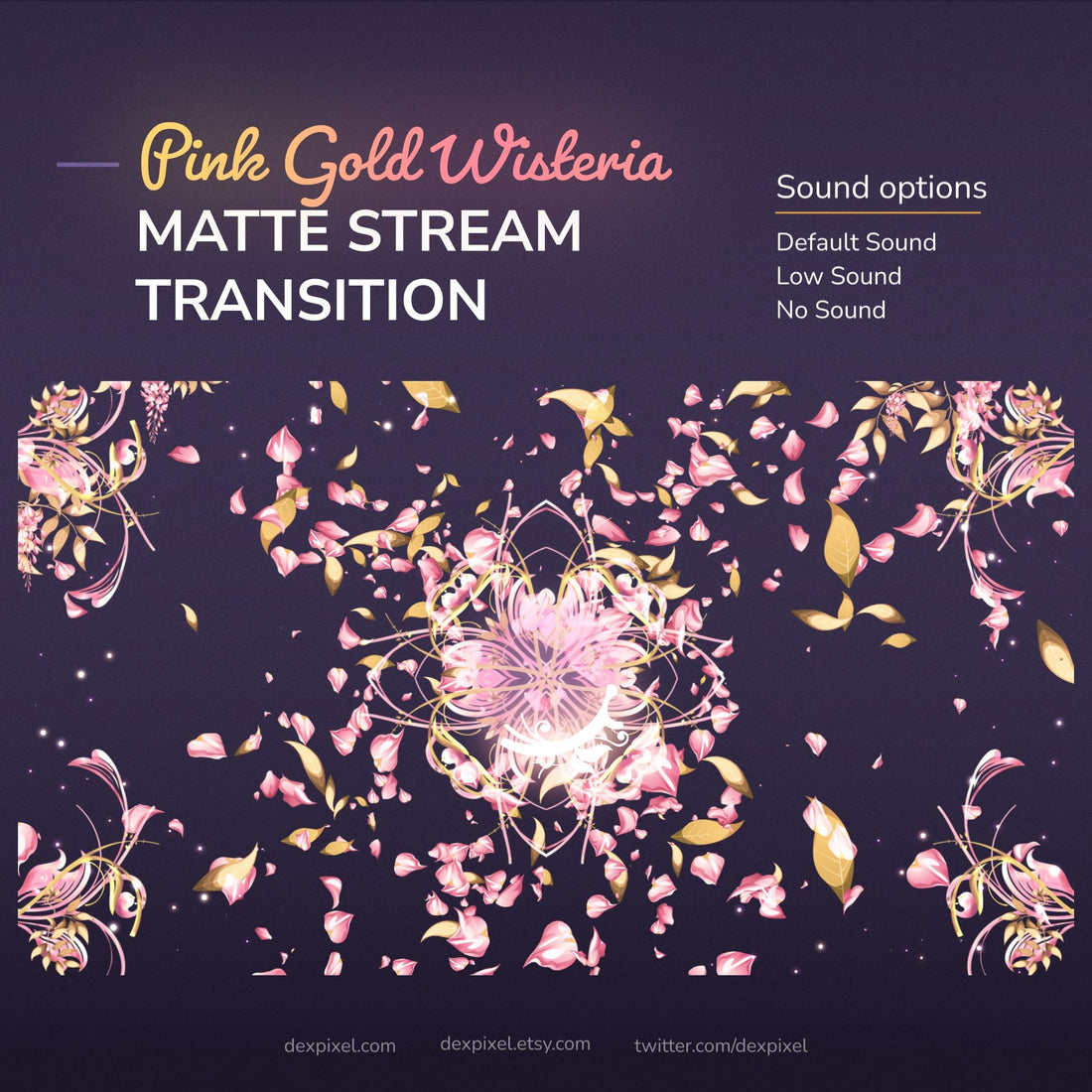 A digital animation or stream transition featuring pink and gold wisteria flowers and leaves, with a glowing central mandala design, and sound options.