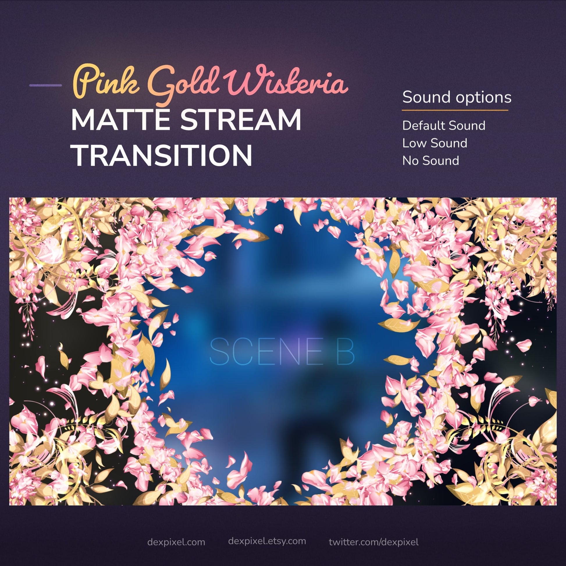 A pink and gold wisteria matte stream transition with sound options.