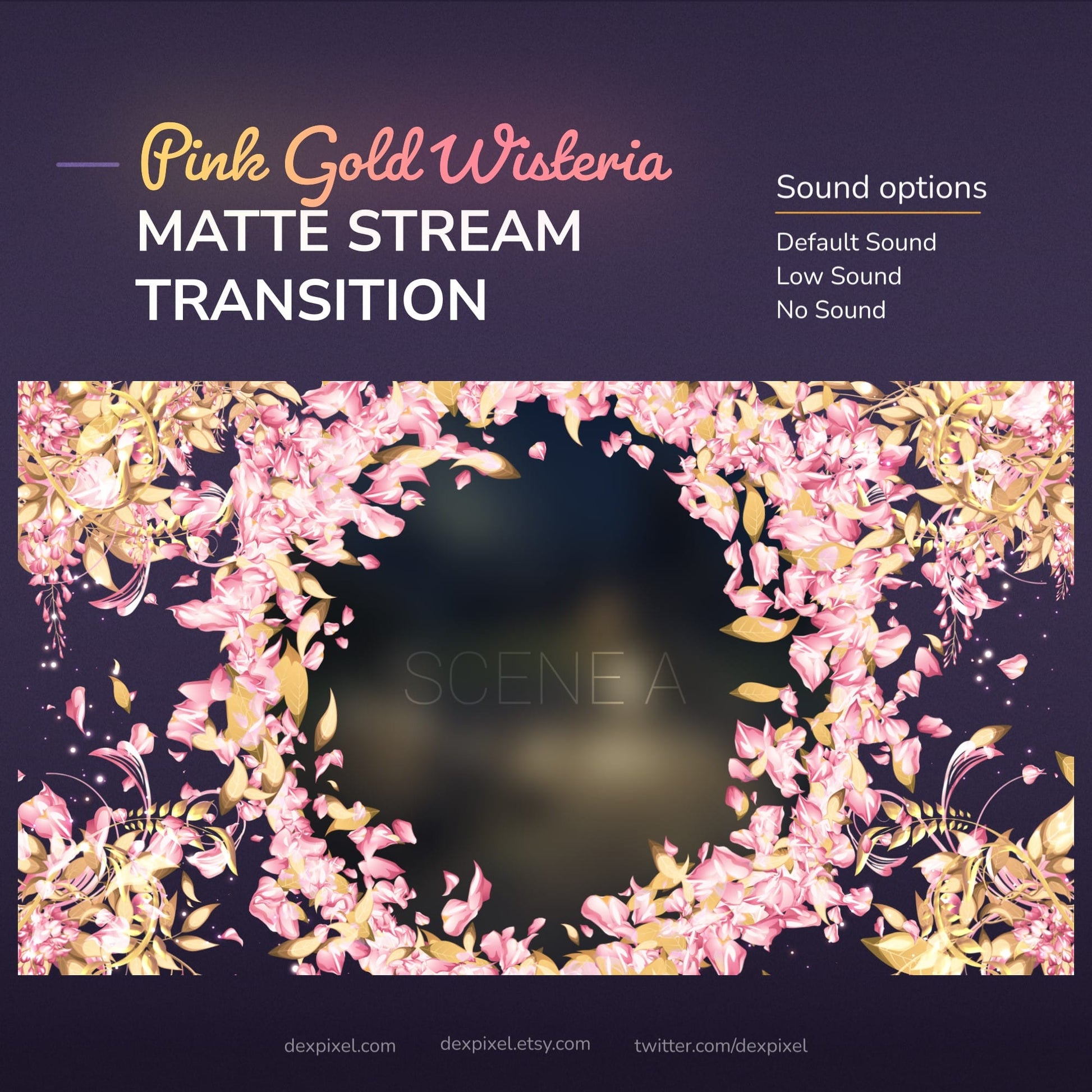 Pink and gold wisteria matte stream transition with sound options.