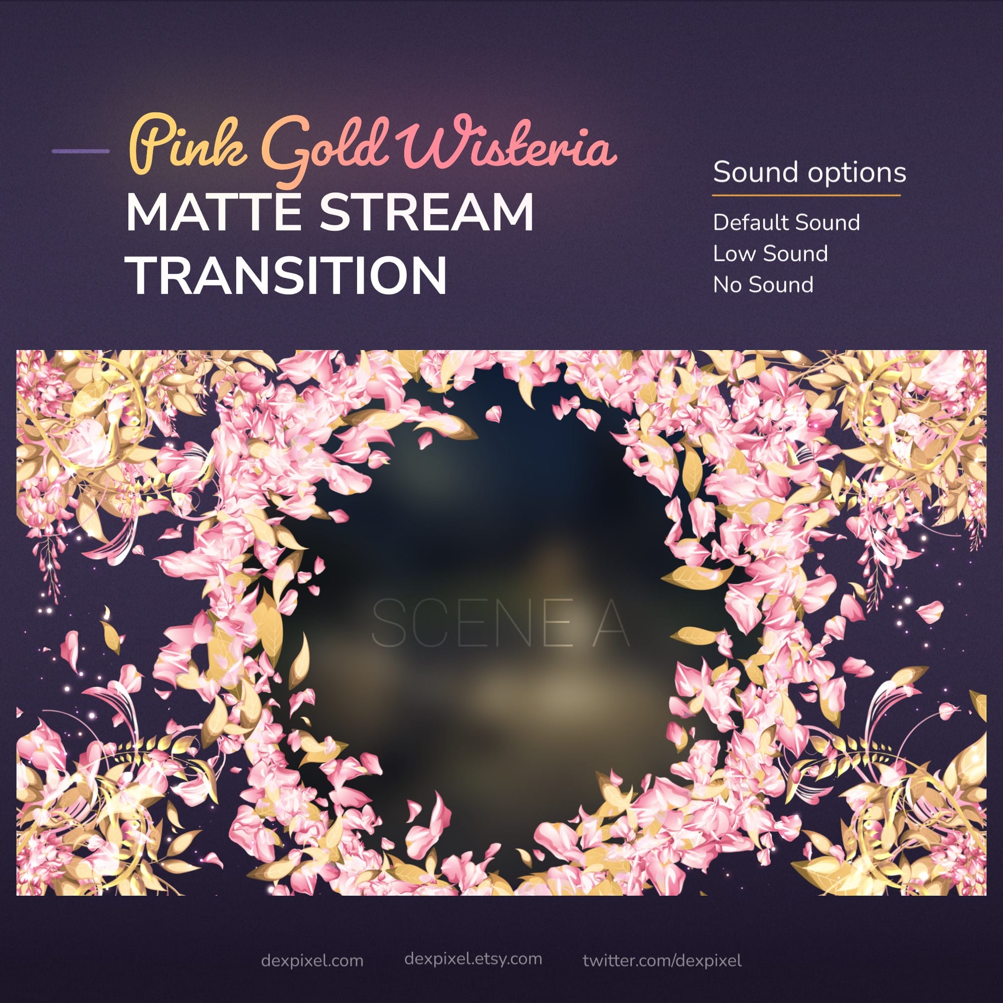 Pink and gold wisteria matte stream transition with sound options.