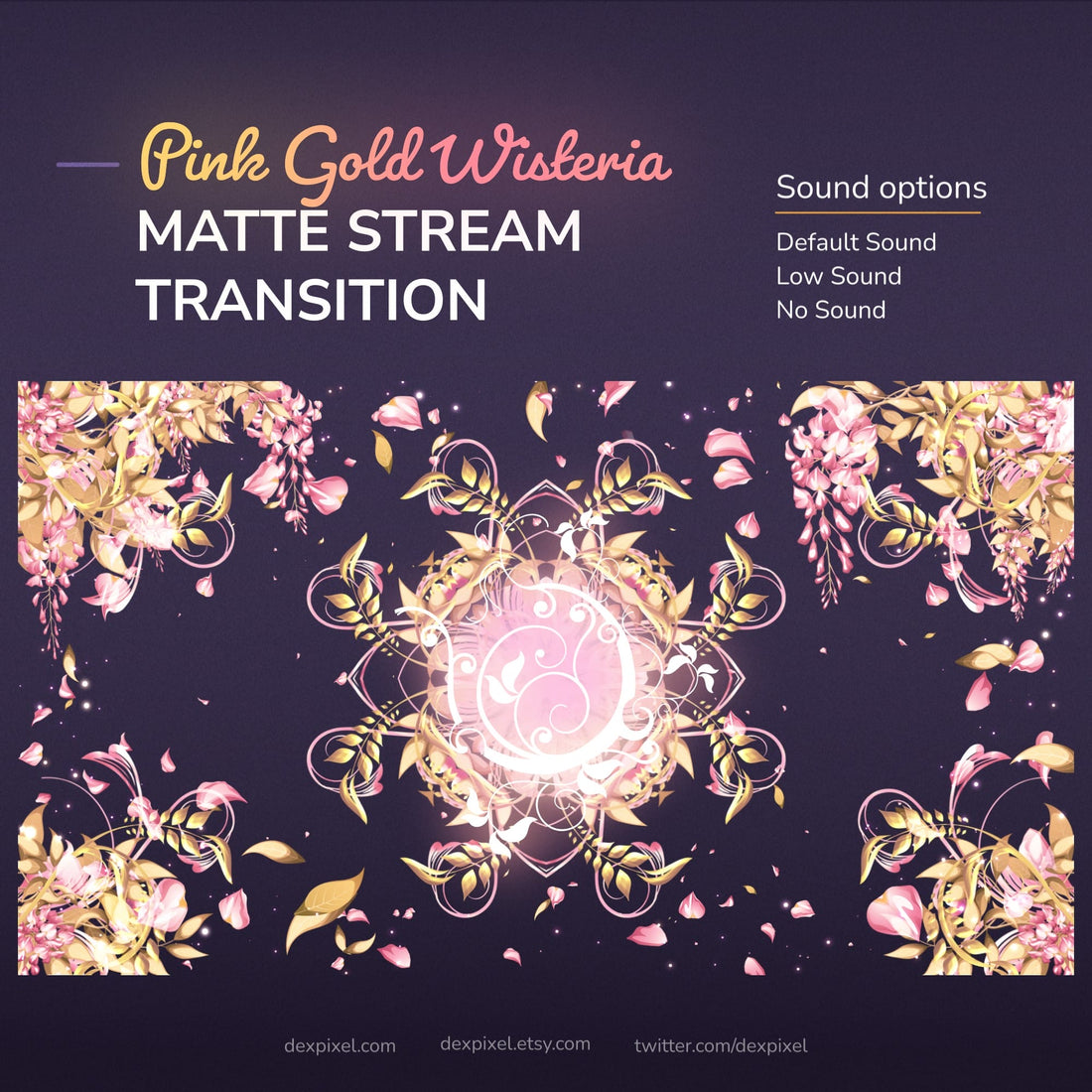 A digital animation or stream transition featuring pink and gold wisteria flowers and leaves, with a glowing central mandala design, and sound options.