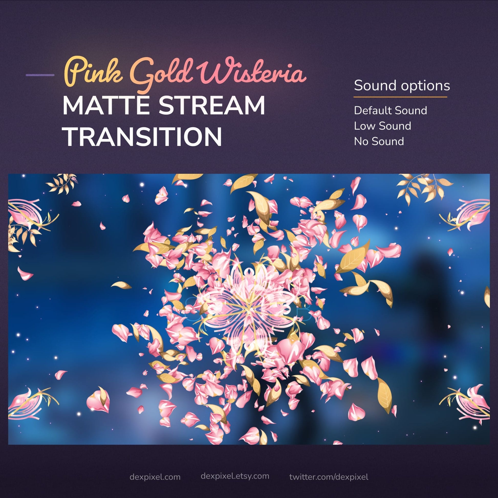 A digital graphic of pink and gold wisteria petals and leaves swirling on a dark blue background, advertised as a matte stream transition with sound options.