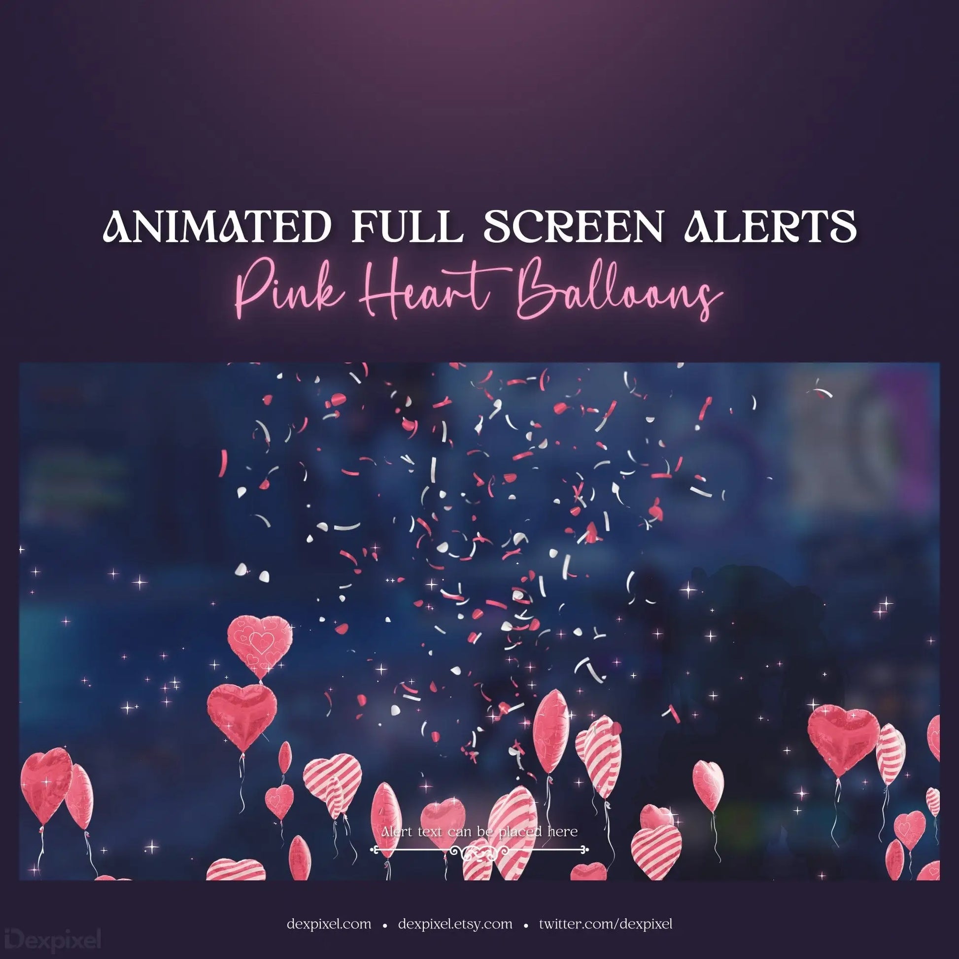 Pink heart-shaped balloons with confetti floating against a dark backdrop.