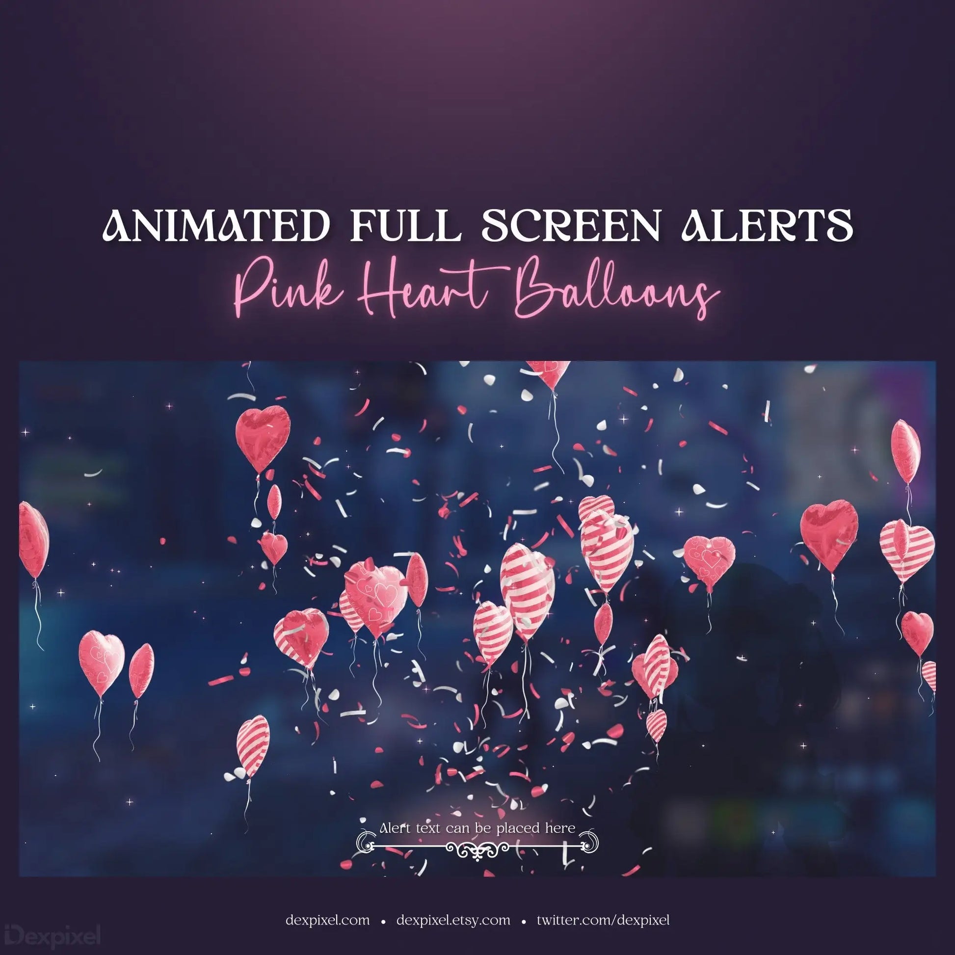 Pink heart-shaped balloons floating with confetti.